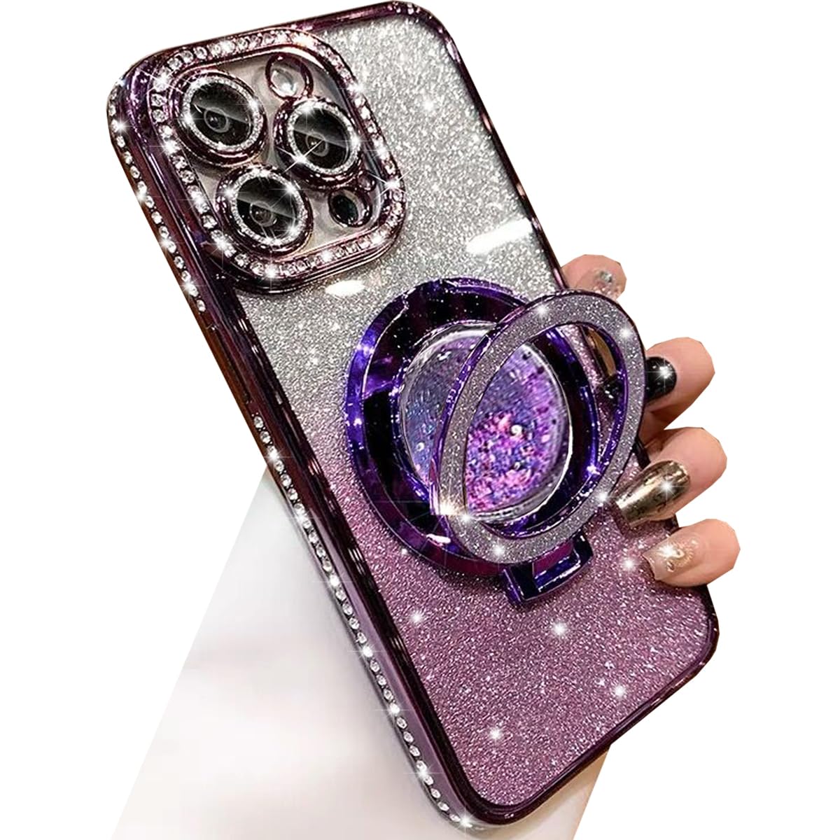 Glitter Kickstand Case for iPhone 14 Pro Max,Luxury Bling Sparkly Diamond Rhinestone with Camera Protector Liquid Flowing Ring Stand TPU Bumper Women Girls Case for iPhone 14 Pro Max (Purple)