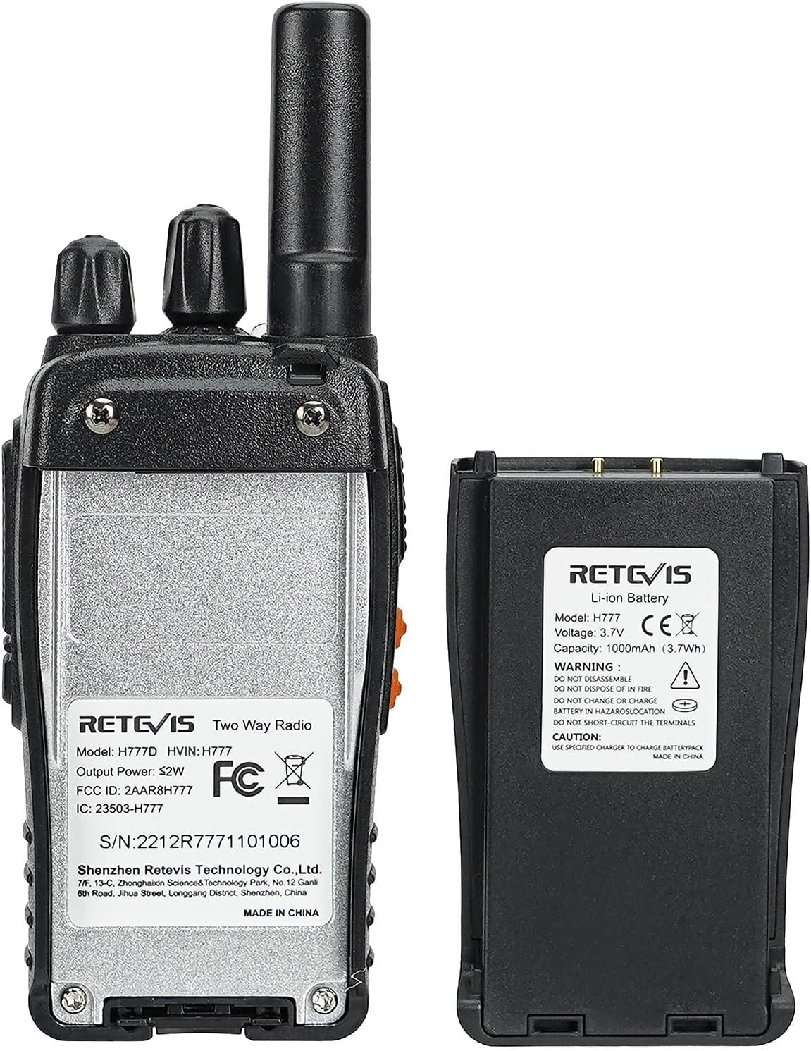 Back view of a Retevis H777D walkie talkie next to its detachable 1200mAh battery, showing the connection points.
