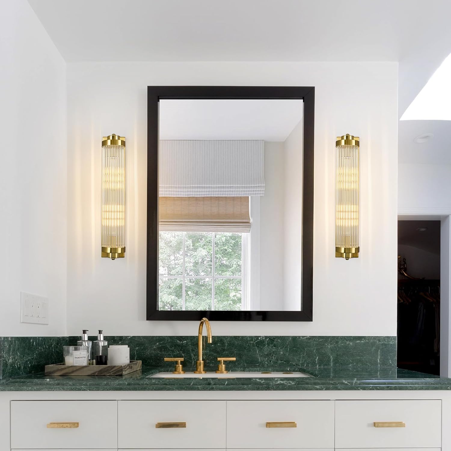 Gold Wall Sconces Set of Two with Crystal Glass Strip Bathroom Sconces 2 Light E12 Base Modern Wall Lights for Bedroom Living Room Hallway Wall Light Fixtures