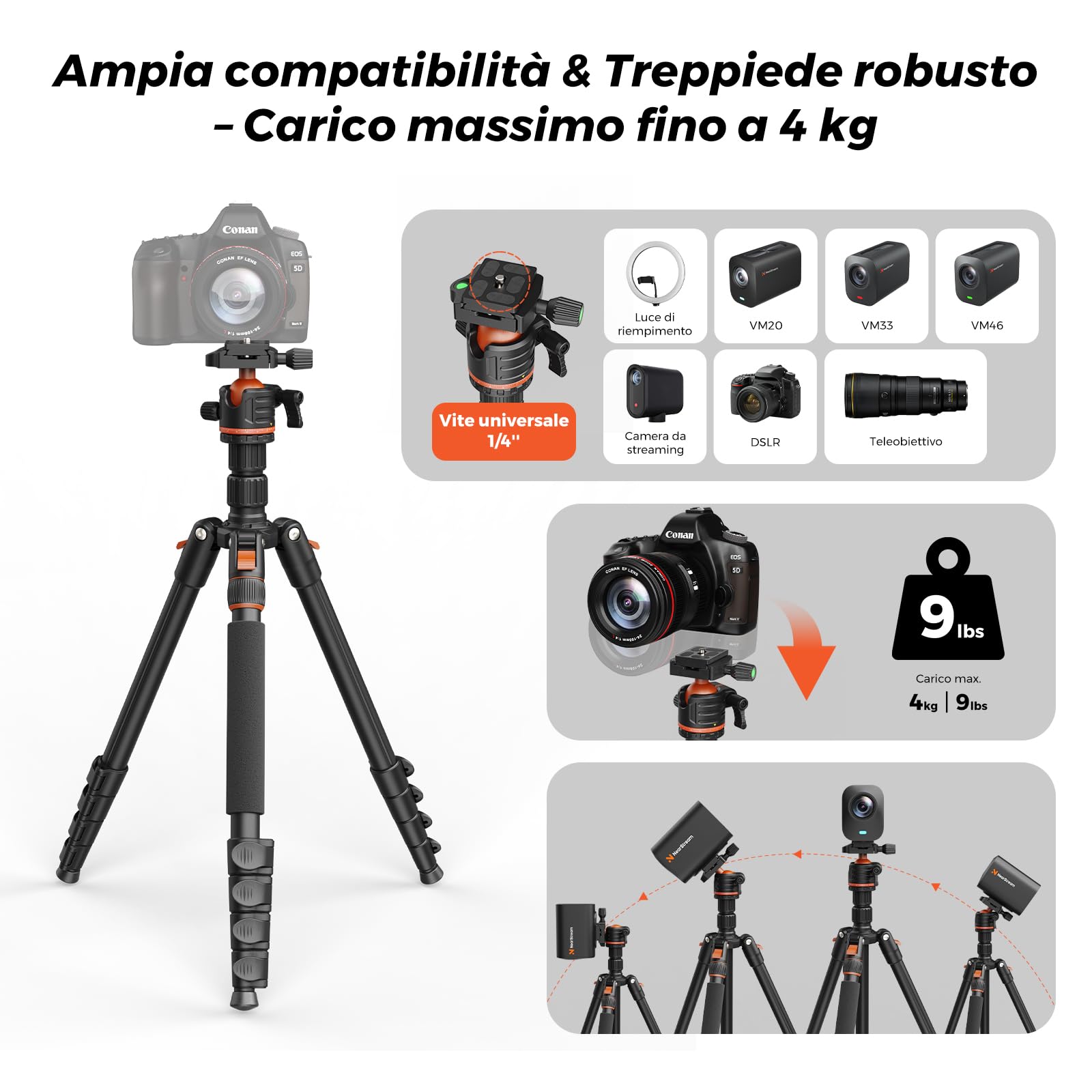 Treppiede per fotocamera da 54-183 cm con testa a sfera a 360°, in alluminio, portata 4 kg, per DSLR, fotografia, video, streaming live
