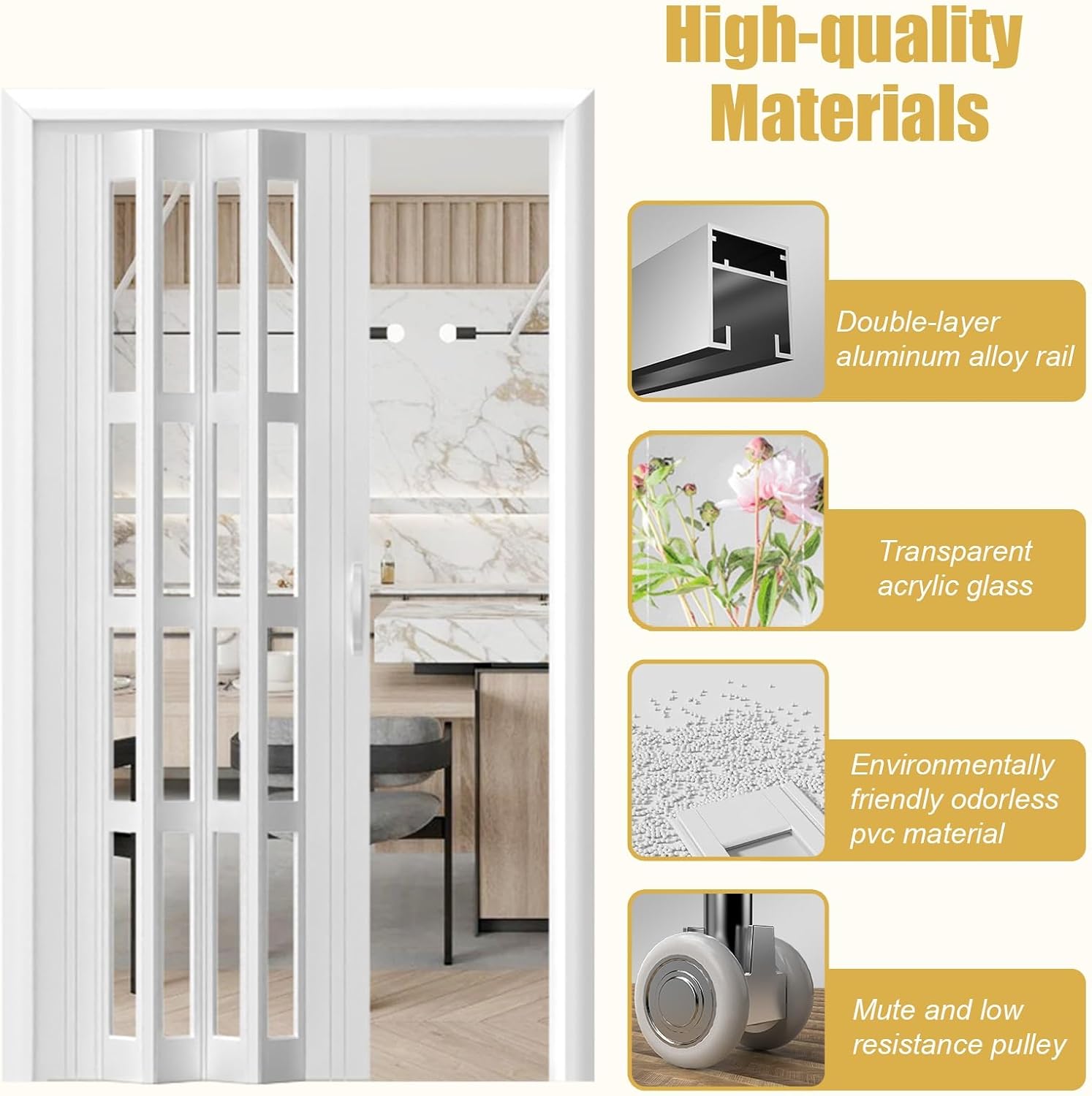 White PVC Folding Door - Waterproof Multifold Sliding Cabinet Door with Handle & Latch for Bathroom/Bedroom (57x80 in / 145x203 cm) - Space-Saving Interior Solution