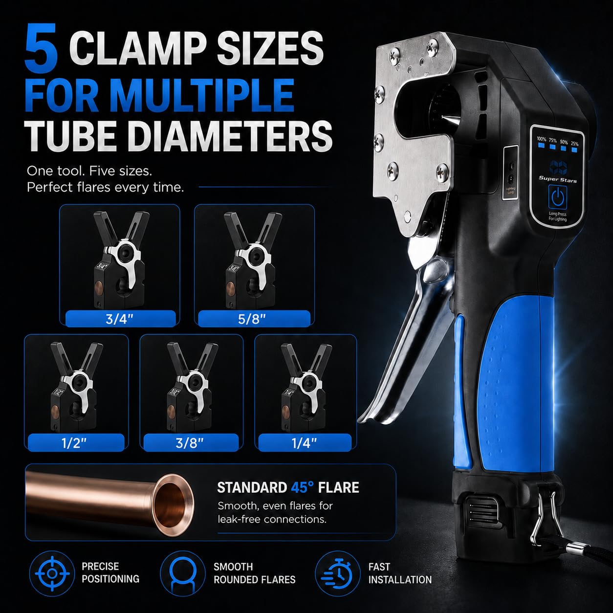 Cartellatrice Elettrica per Condizionamento, Ricaricabile Espansore,5chucks | Tubo Eccentrico a 45°, Attrezzo Professionale, con Luci LED