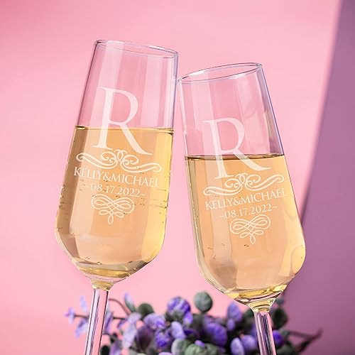 Miniatura 5 de Juego de 2 copas de champán personalizadas para boda, copas de champán personalizadas para novia y novio, nombre de boda, fecha de boda, apellido,