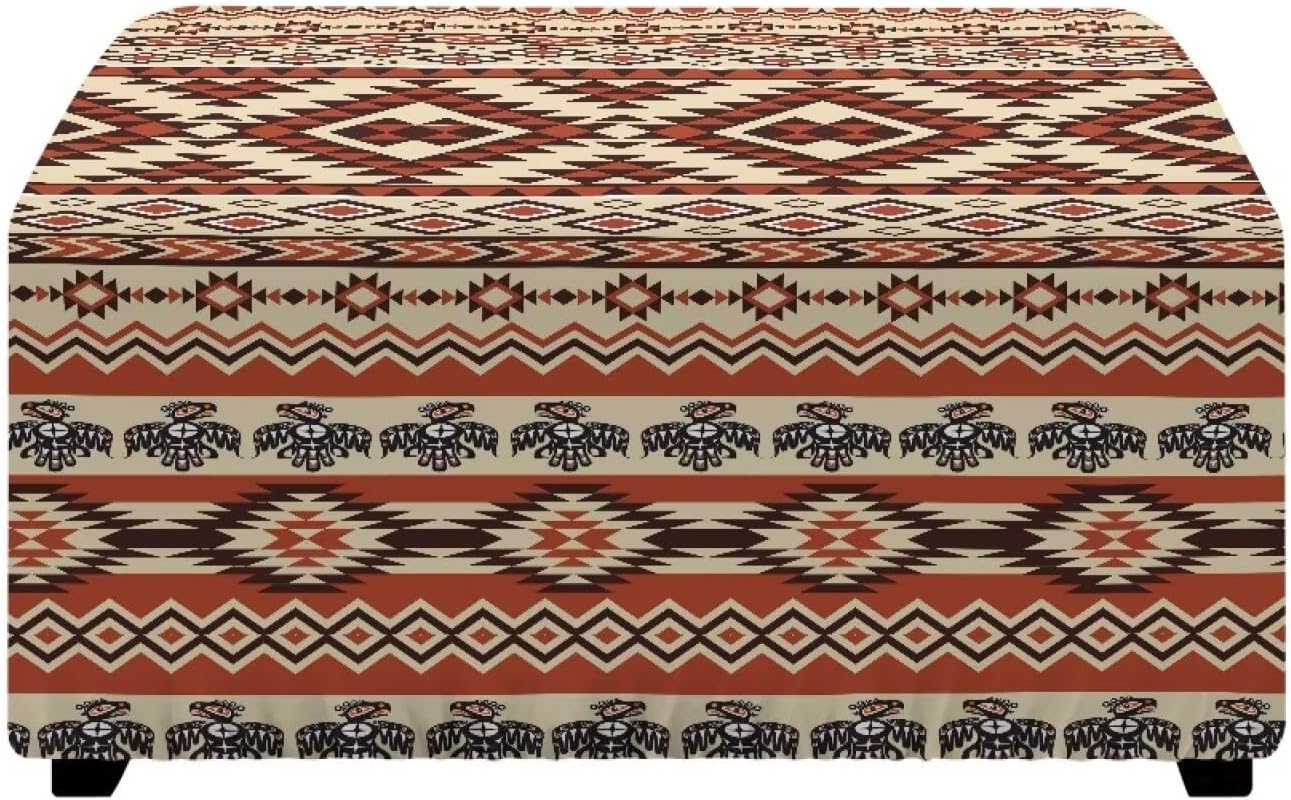 Aztec Tribal Pattern Square Ottoman Cover Artistic Universal Fit Furniture Protector Hassock Covers for Living Room Home Accessories Layered Striped Designs, Small