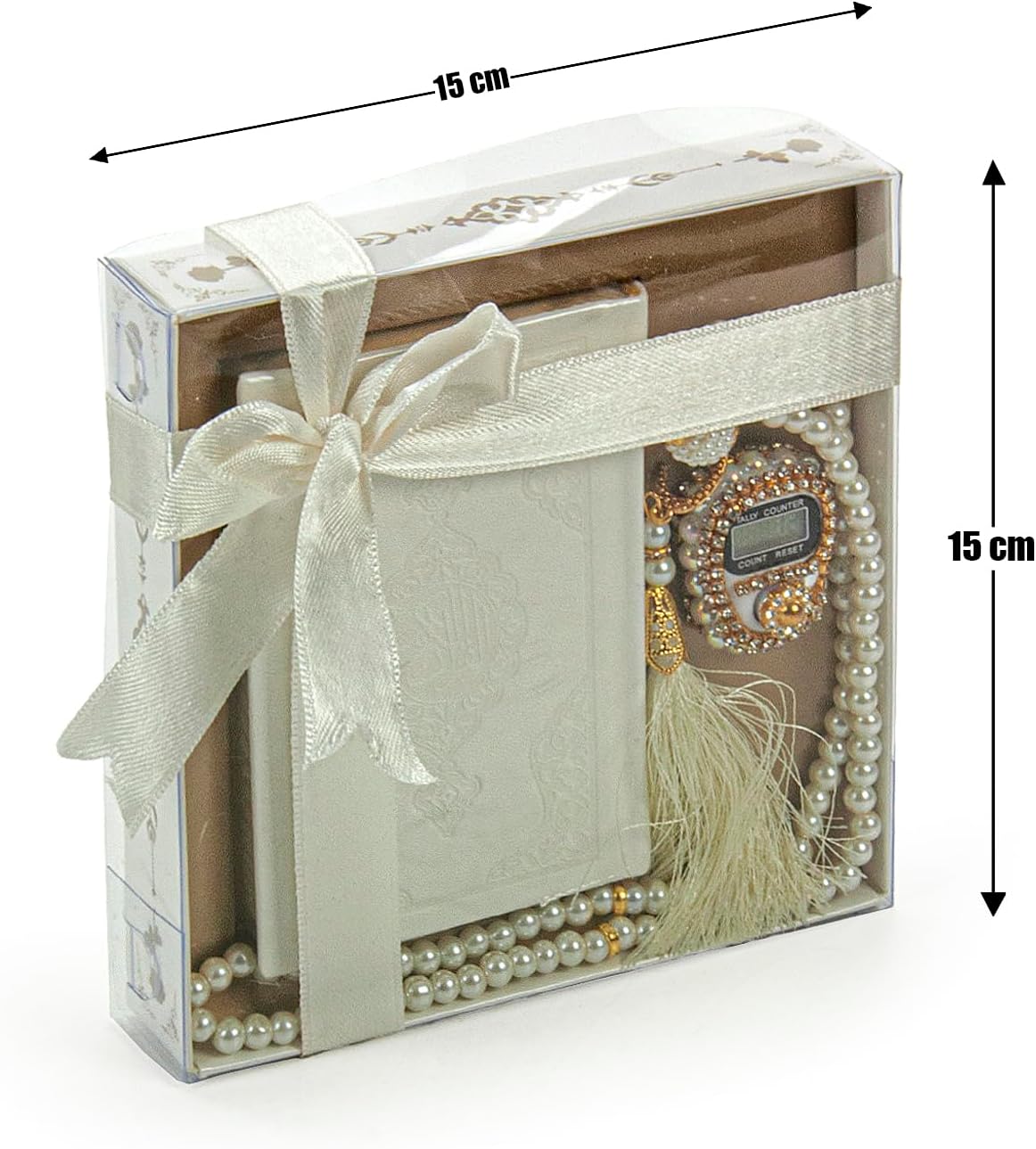 İhvan Online Medina Calligraphy Quran Set with Islamic Finger Counter, Portable Digital Prayer Tasbeeh, Pearl Zikirmatic Beads, 3 Pieces Gift for Ramadan & Eid & Mawlid (Cream)