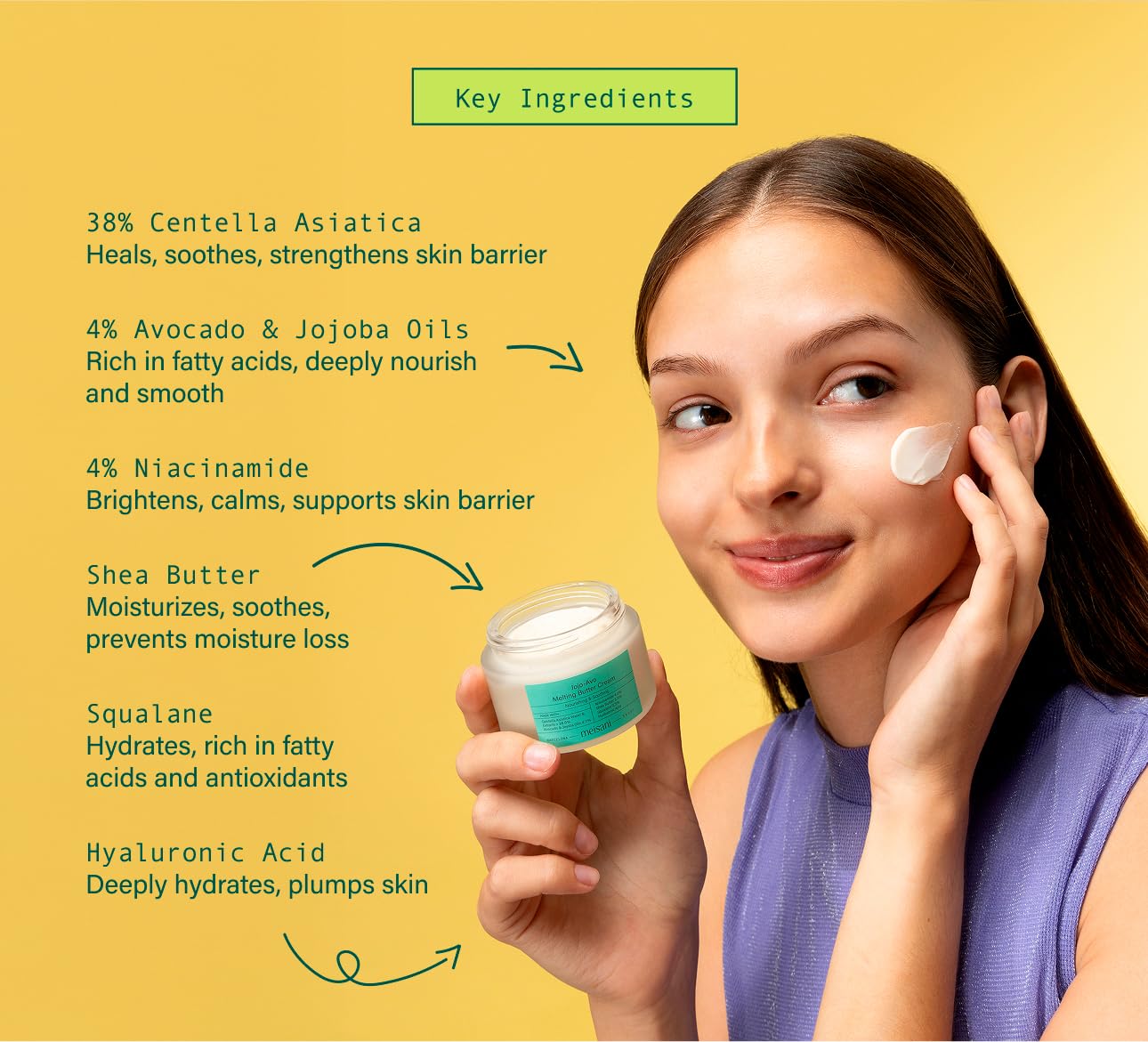Meisani Jojo-Avo Melting Butter Cream, Crème hydratante et nourrissante à l'avocat et à la centella asiatica pour peaux sensibles et déshydratées, 50 ml