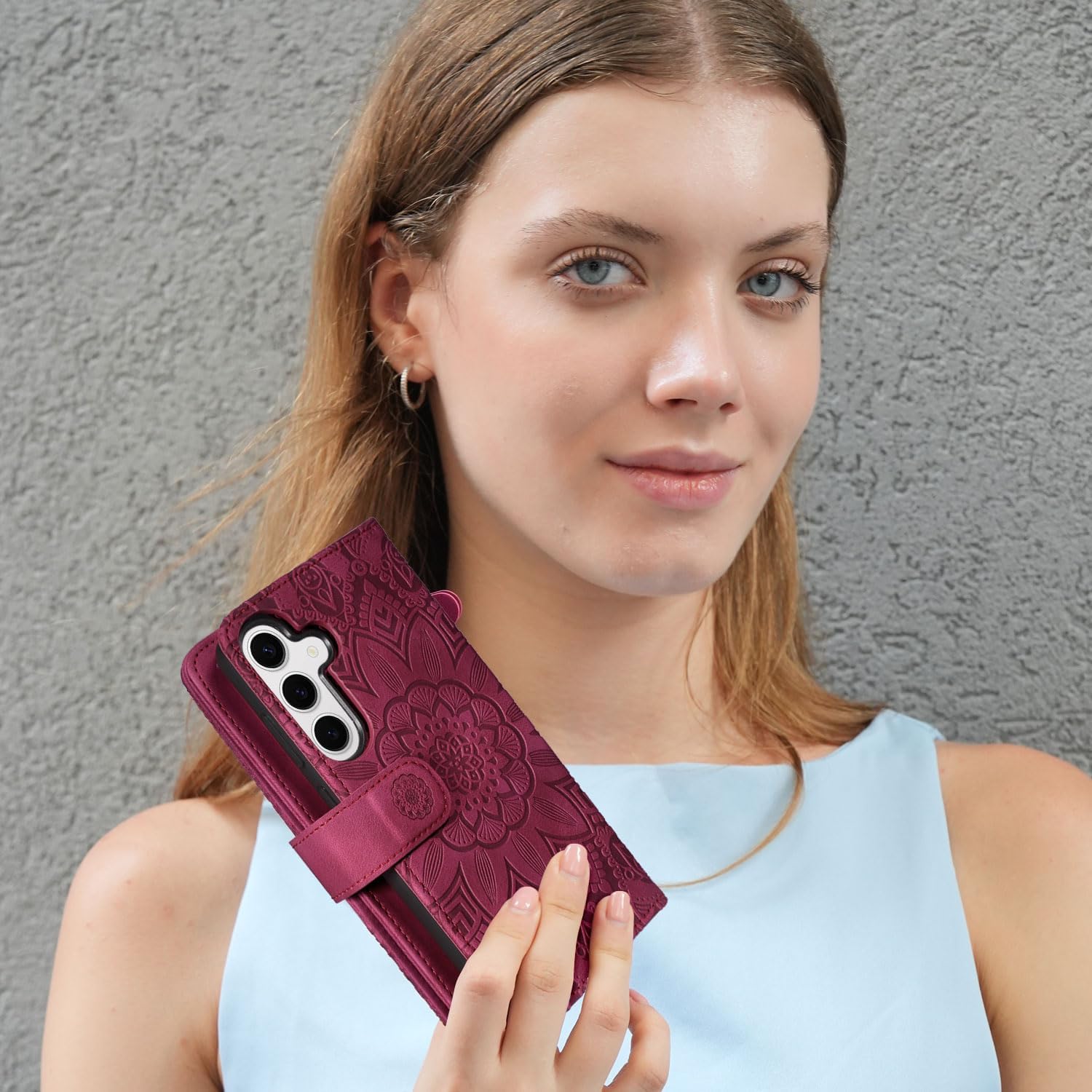 Harryshell Compatible with Samsung Galaxy S25+ Plus Wallet Detachable Magnetic Phone Case Wireless Charging [RFID Blocking] Card Slots, Cash Zipper Pocket Wrist Strap 6.7" (Floral Wine Red)