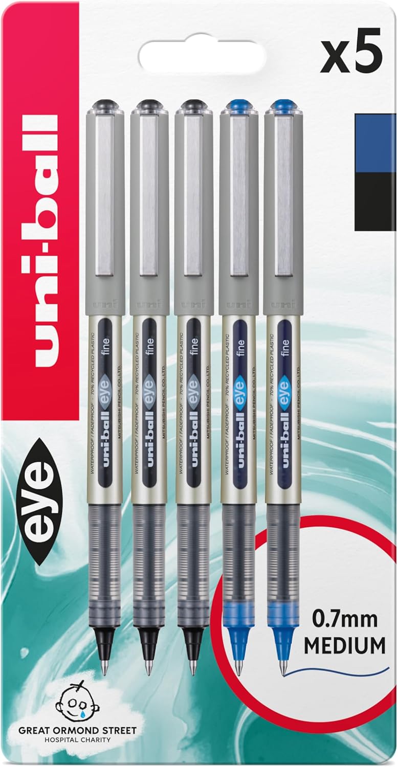 uni-ball Ultimate Eye Rollerball Black, Blue, Red Ink Pens Set. Broad 1.0mm, Fine 0.7mm, Micro 0.5mm, Needle 0.4mm Ballpoint Tip + Signo Gel Pen. Fade and Water Resistant Liquid Uni Super Ink. 13 Pack