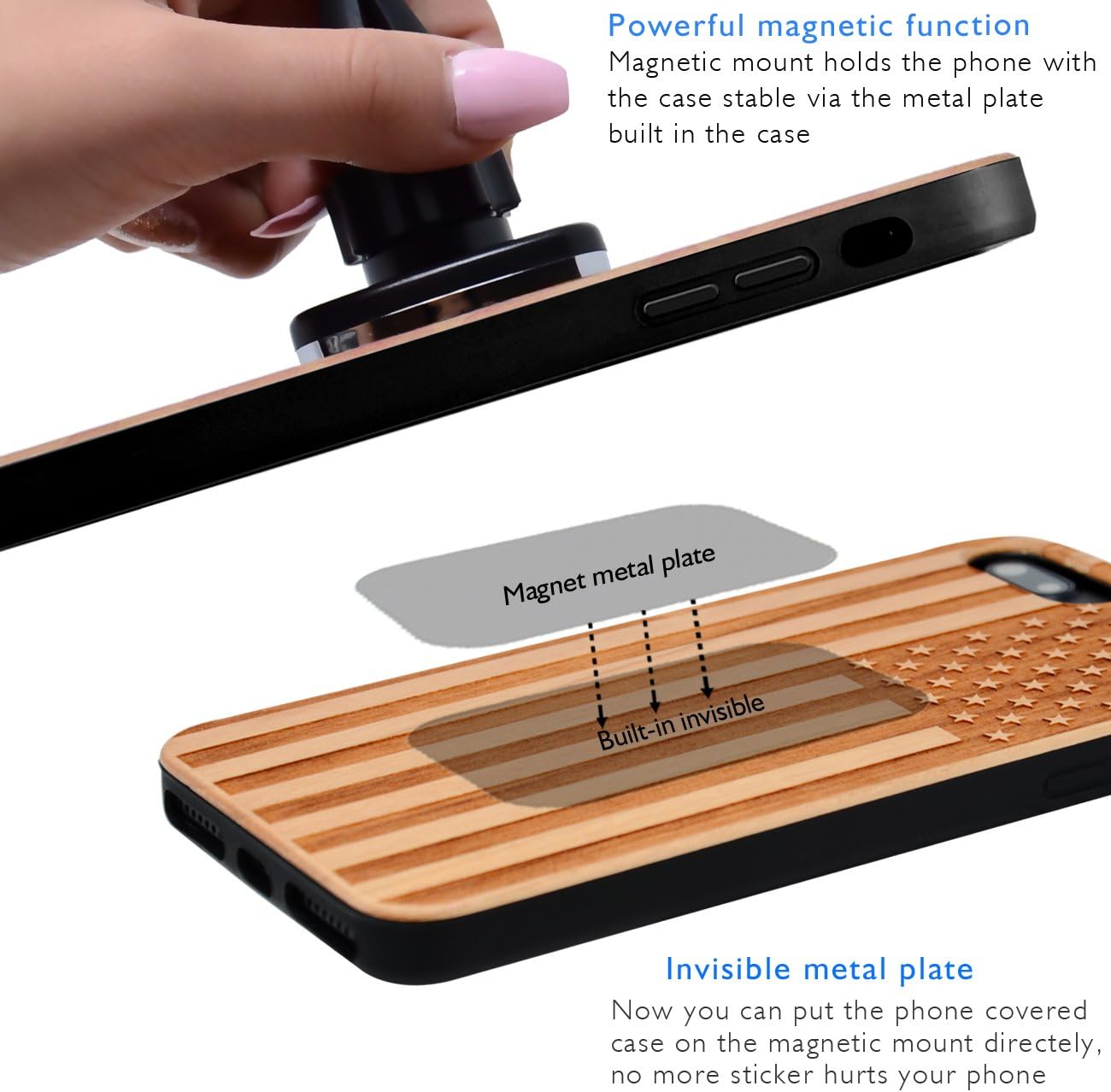 Bеѕt Sеllеr iProductsUS American Flag Phone Case Wood Compatible with iPhone SE (2020), iPhone 8 7 6/6S and Magnetic Mount, Engraved in USA, Built-in Metal Plate, TPU Bumper Protective Cover (4.7)