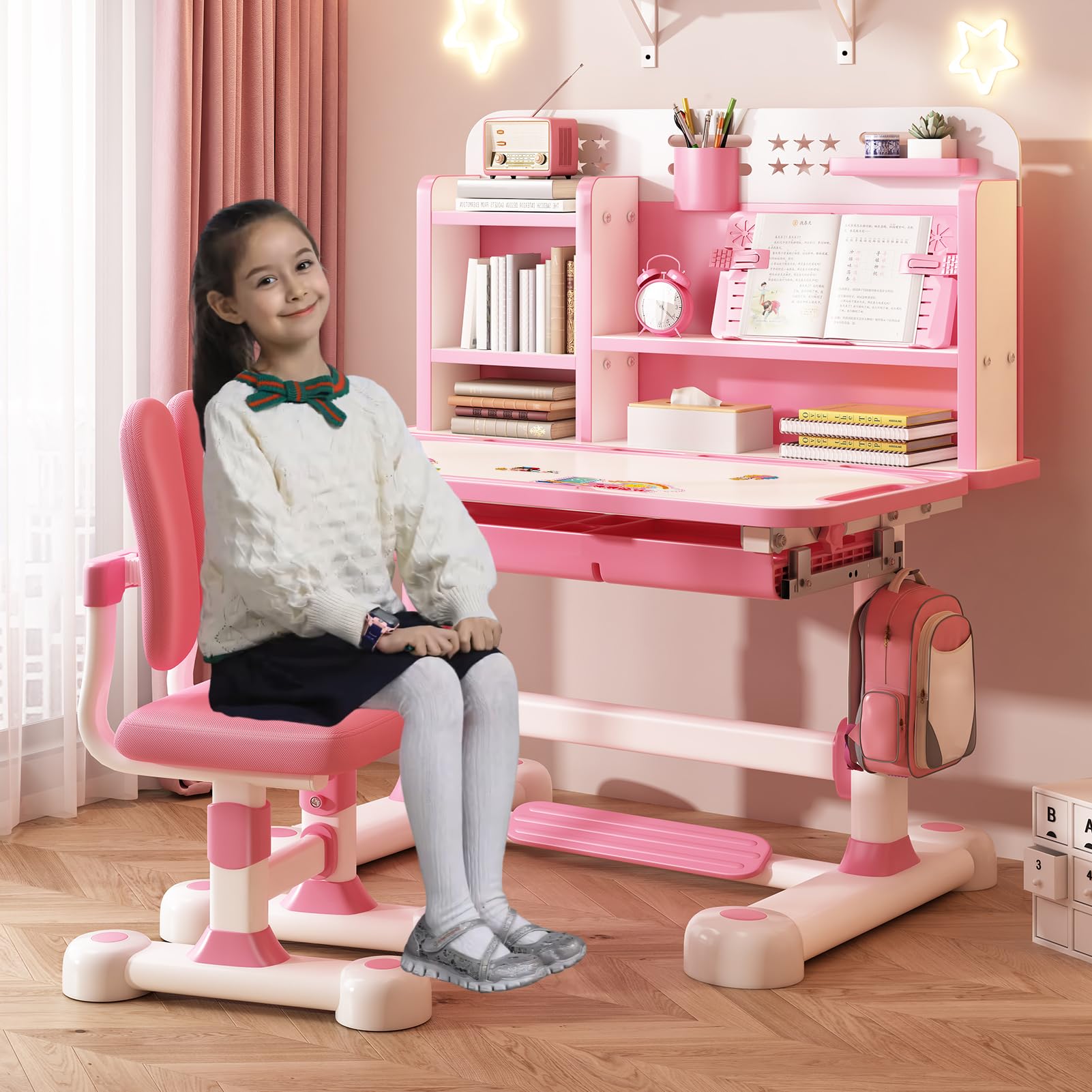 Set di scrivania e sedia per bambini, tavolo ergonomico regolabile in altezza con scrivania inclinabile, cassetto, design per prevenire la miopia, tavolo da scrittura per studenti con libreria,
