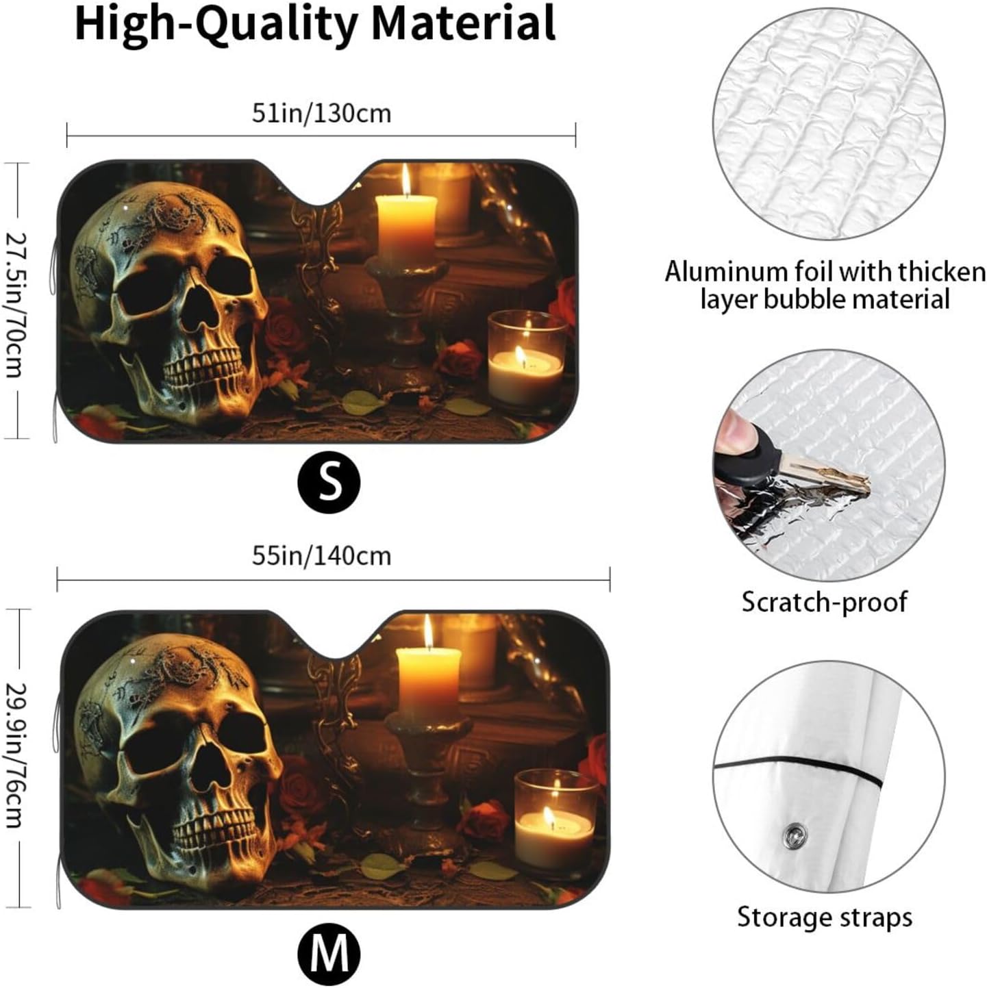 Candles and Scary Skull Car Windshield Sun Shade,Foldable Front Window Sun Visor Protector Uv Reflective Windshield Sunshade Covers Universal Car Accessories 51x27.5 Inch image 4