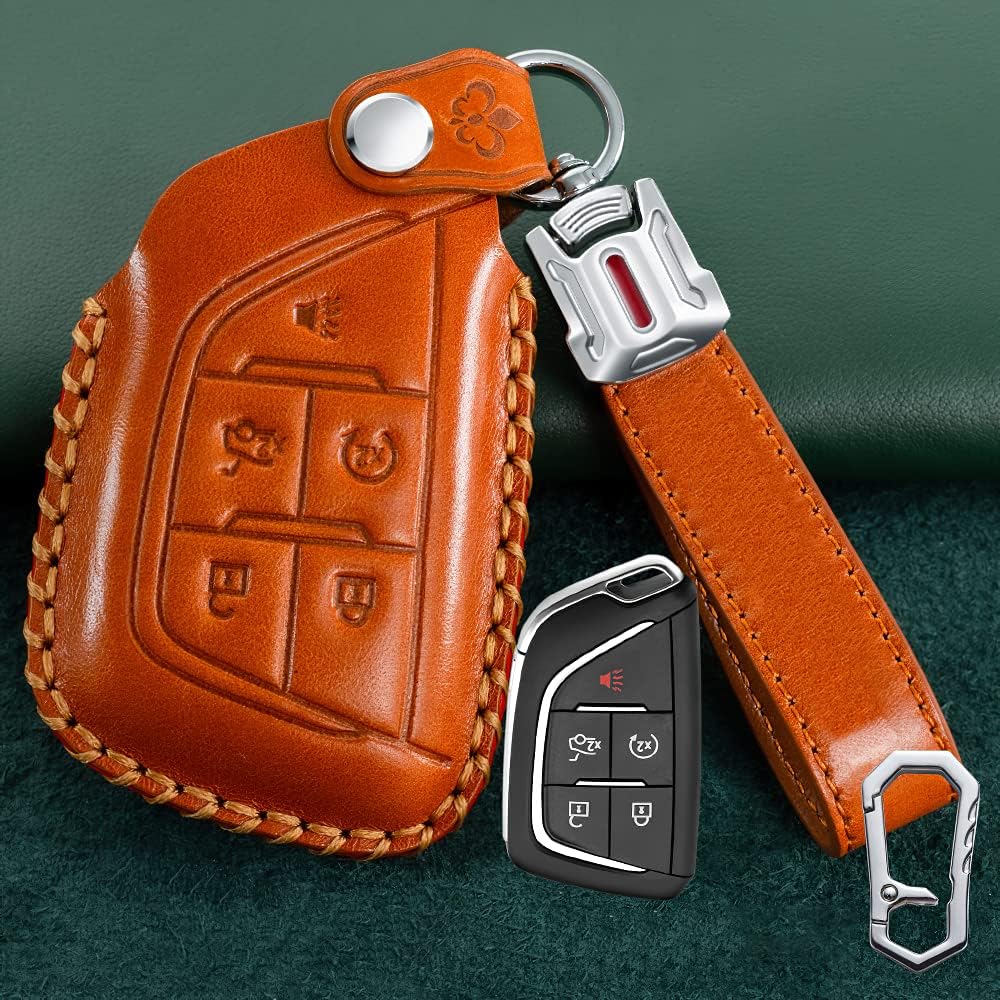 SANRILY 5 Button Key Fob Cover for Cadillac CT5 CT4 2020 2021 Keyless Entry Remote Keychain Holder Cowhide Leather Key Protector Case Shell Brown