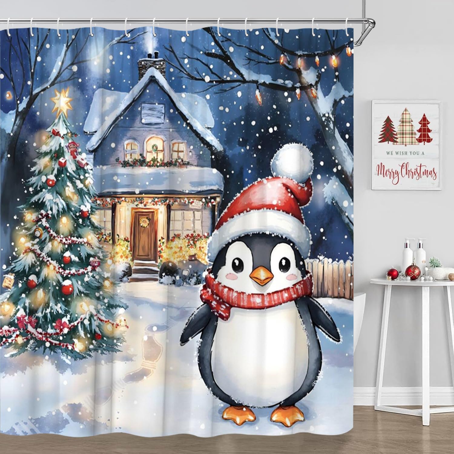 Winter Penguin Shower Curtain Cute Christmas Animal Snowflake Xmas Pine Tree Farmhouse Winter Holiday Bathroom Polyester Fabric Curtains with Hooks 90Wx70H Inch