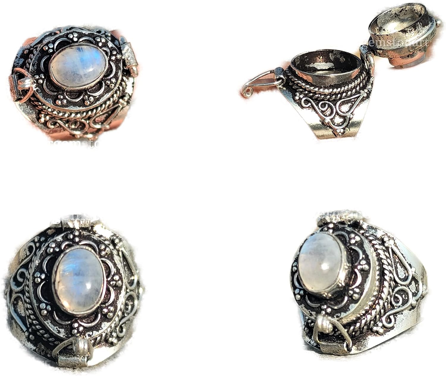Natural Rainbow Moonstone Ring, Poison Box Ring, Oval ~ Gemstone, Moonstone Jewelry, June Birthstone, Openable Locket, Blue Flash Stone