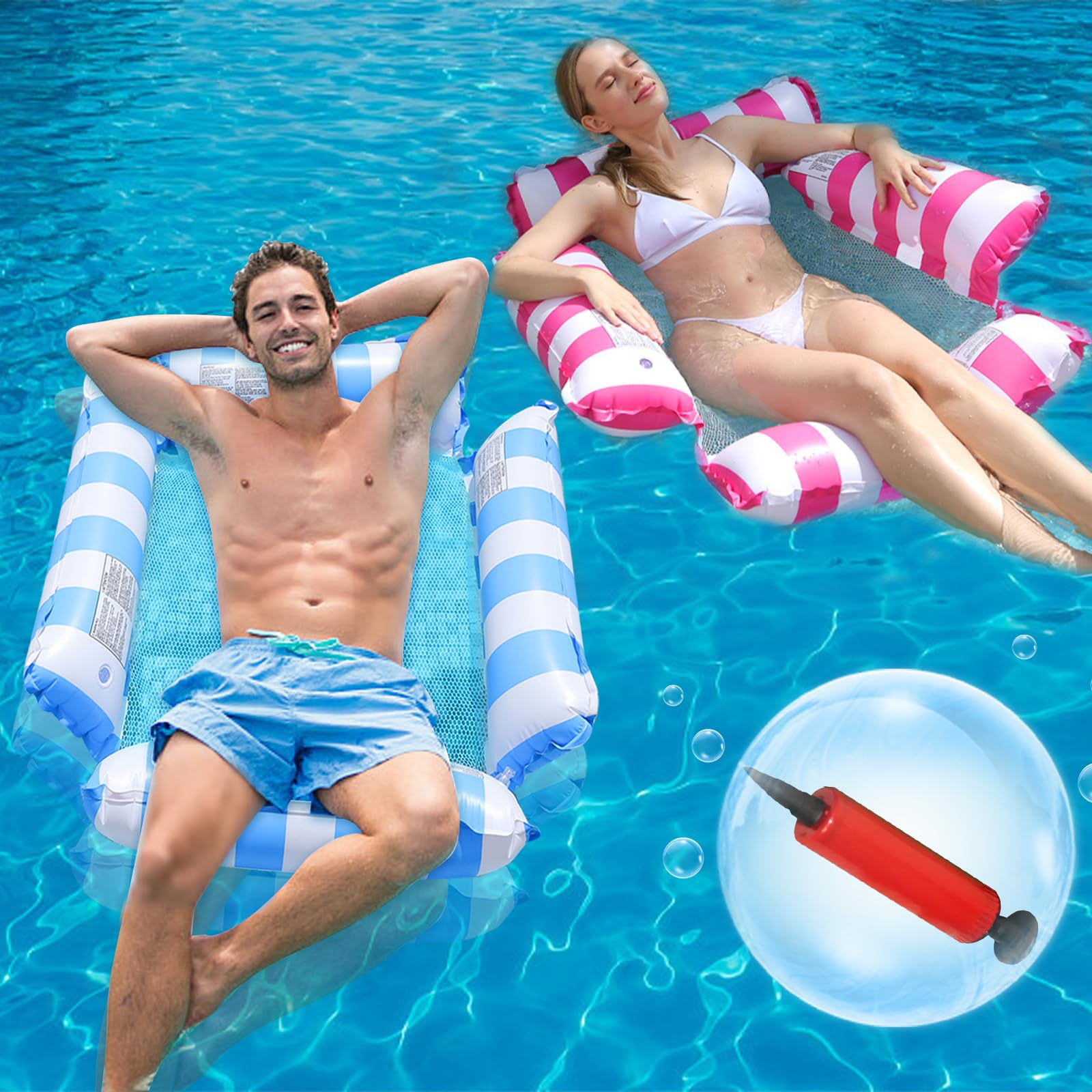 2 Pack Inflatable Pool Floats Hammock, 4-in-1 Multi-Purpose Portable Water Pool Floats with a Manual Air Pump, Pool Chairs to Beach, Swimming Pool, Exercise Saddle, Hammock, Drifter (Blue, Pink)