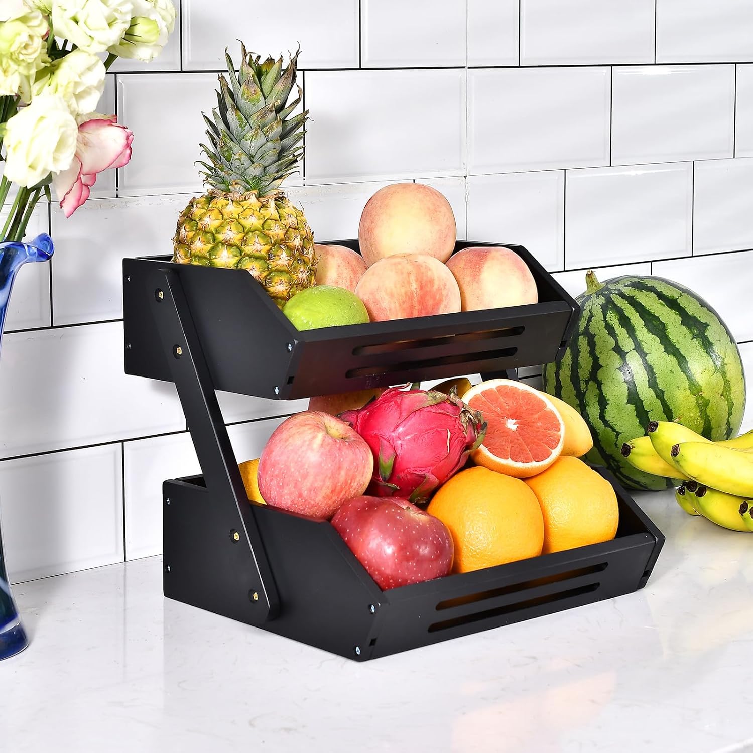 Bamboo Fruit Basket, 2 Tier Fruit Bowl for Kitchen, Fruit Stand Holder for Fruit and Vegetables Storage, Idea Home Kitchen Countertop Organizer - Image 8