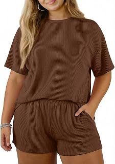 Eytino Plus Size Two Piece Sets for Women Short Sleeve Shirts High Waisted Shorts Pajamas Lounge Matching Set(1X-5X)
