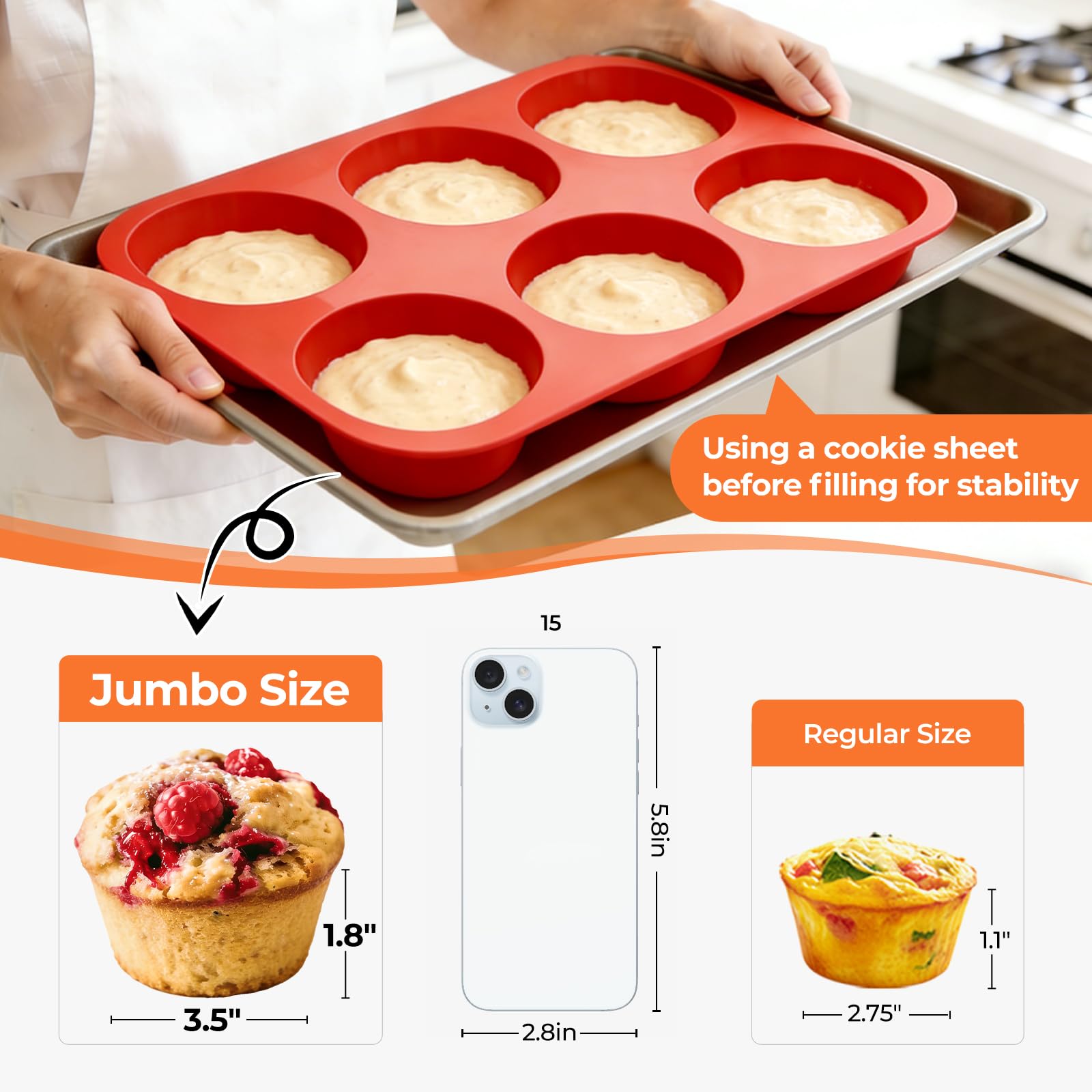 Jumbo-Muffinform, 8,9 cm, große Muffinform, 6 Mulden, Silikon, Jumbo-Cupcake-Form zum Backen, lebensmittelechtes Silikon, antihaftbeschichtet