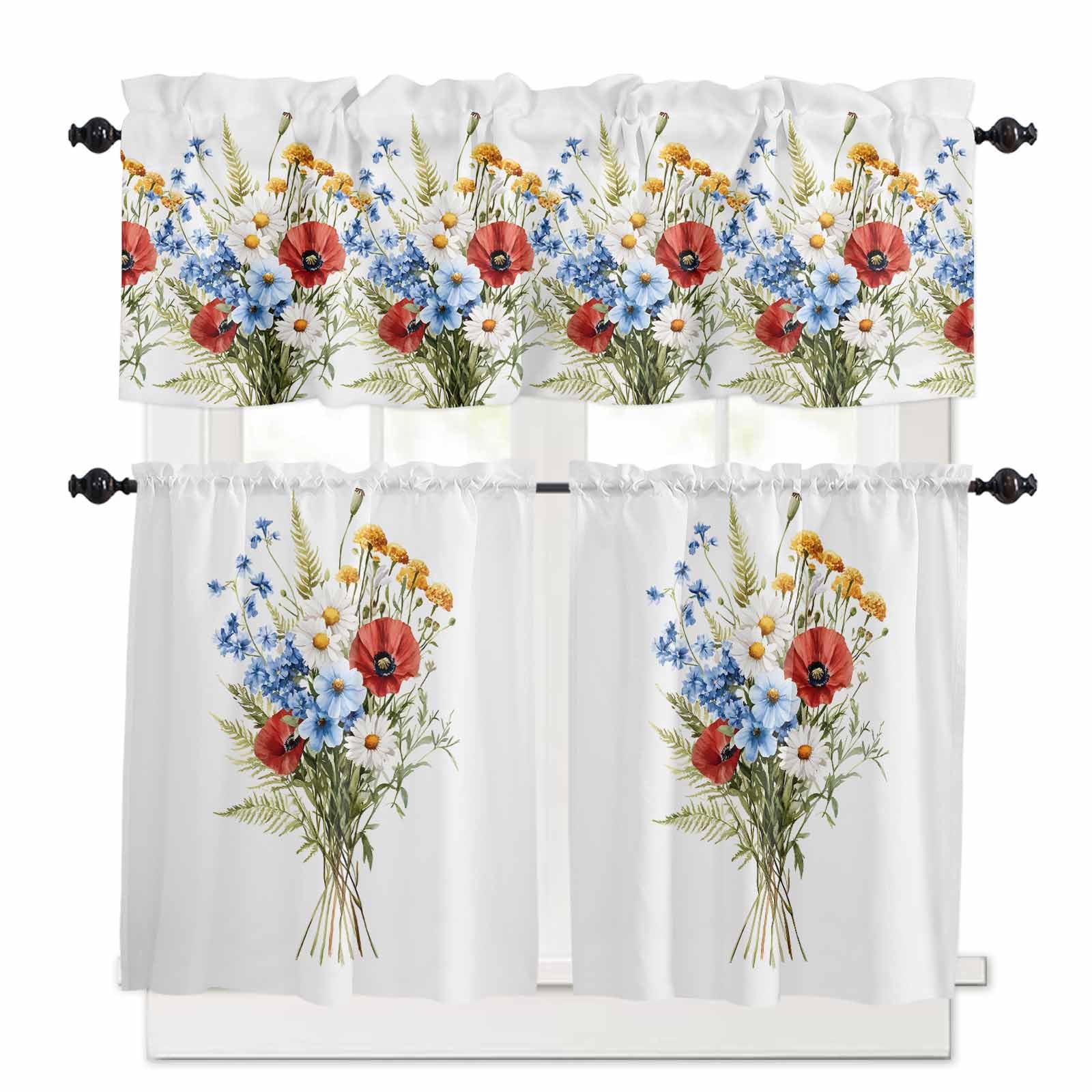 Red Flower Kitchen Curtains 24 Inch Length,3 Piece Rod Pocket Small Half Tiers and Valance Set,4th of July Patriotic Blue Poppy Floral Daisy Small Large Window Treatment Decor for Bedroom/Bathroom