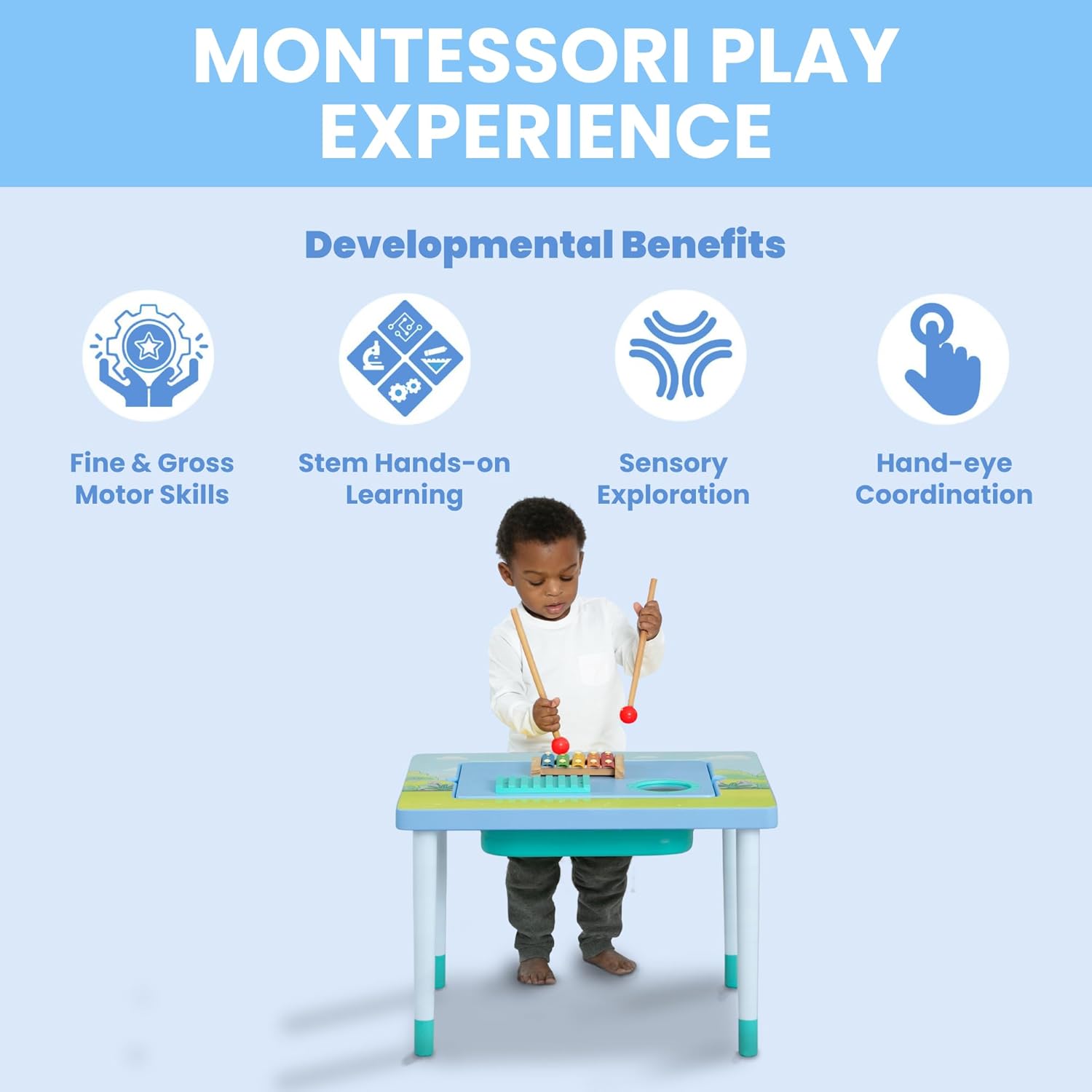 Bluey Compact Play & Learn Sensory Table – Includes Musical Instruments - Use as Sand Table/Sensory Table/Activity Table/Montessori Toy, Blue