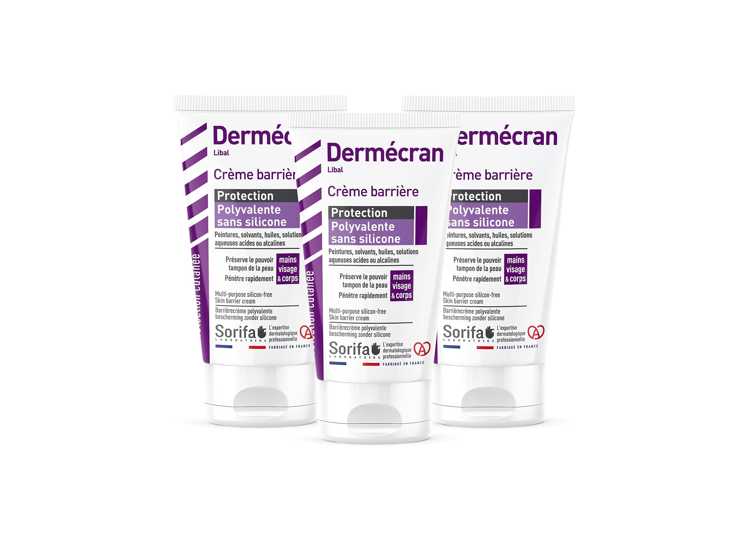 Lot de 3 – Dermécran – Crème barrière - Protection polyvalente sans silicone – Peintures, solvants, huiles, solutions aqueuses – Mains, visage et corps – Sans parfum – Tube 50 ml.