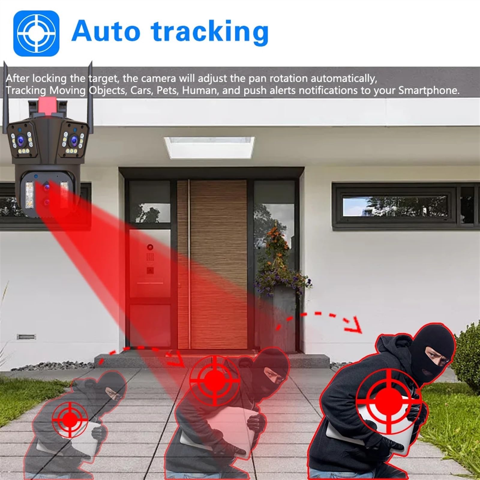 Caméra de sécurité, 8K 16MP Quatre objectifs PTZ caméra 10X Zoom AI Suivi Automatique Audio extérieur 8MP sécurité CCTV Surveillance IP(8K Add 128G Card)