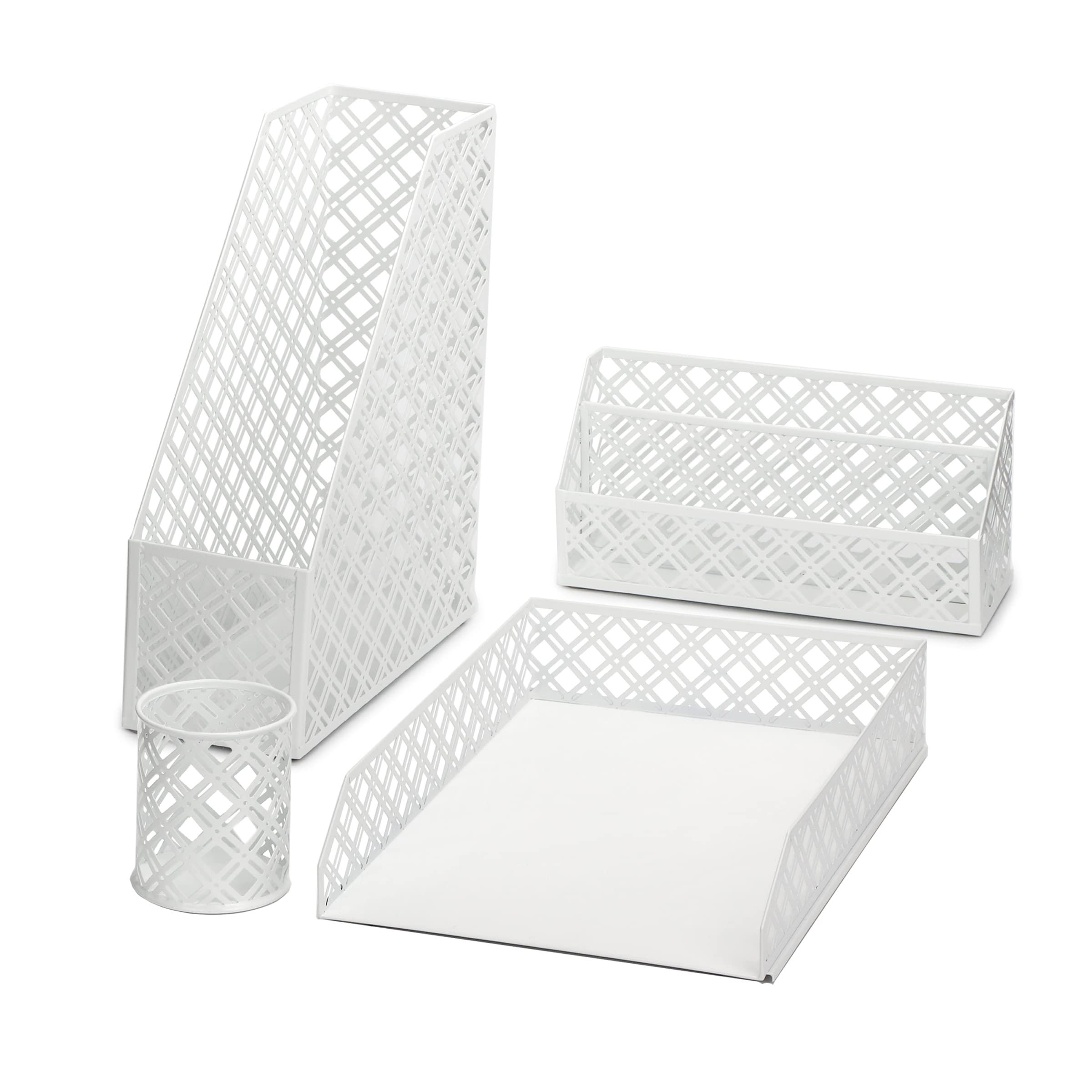 Exerz Desk Organiser 4 Pieces/Office Set/Desktop Metal Mesh Filing Including: A4 Letter Tray x 1, A4 Magazine Rack/Upright Document Holder x 1, Letter Sorter x1, Pen Holder x 1 (White)