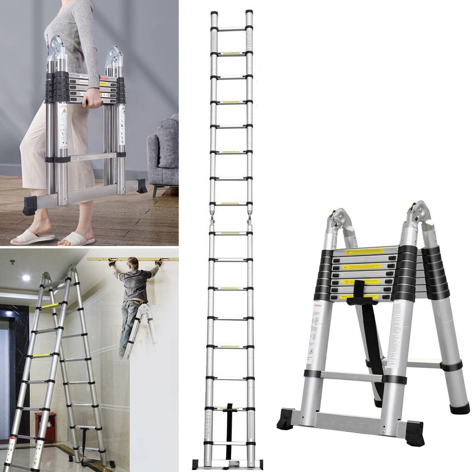 Teleskop Leiter, 2,5m+2,5m Edelstahl Leiter Klappbar Dachbodenleiter, Tragbare Ausziehbare Leiter, 150kg Tragkraft, Einfach zu Speichern