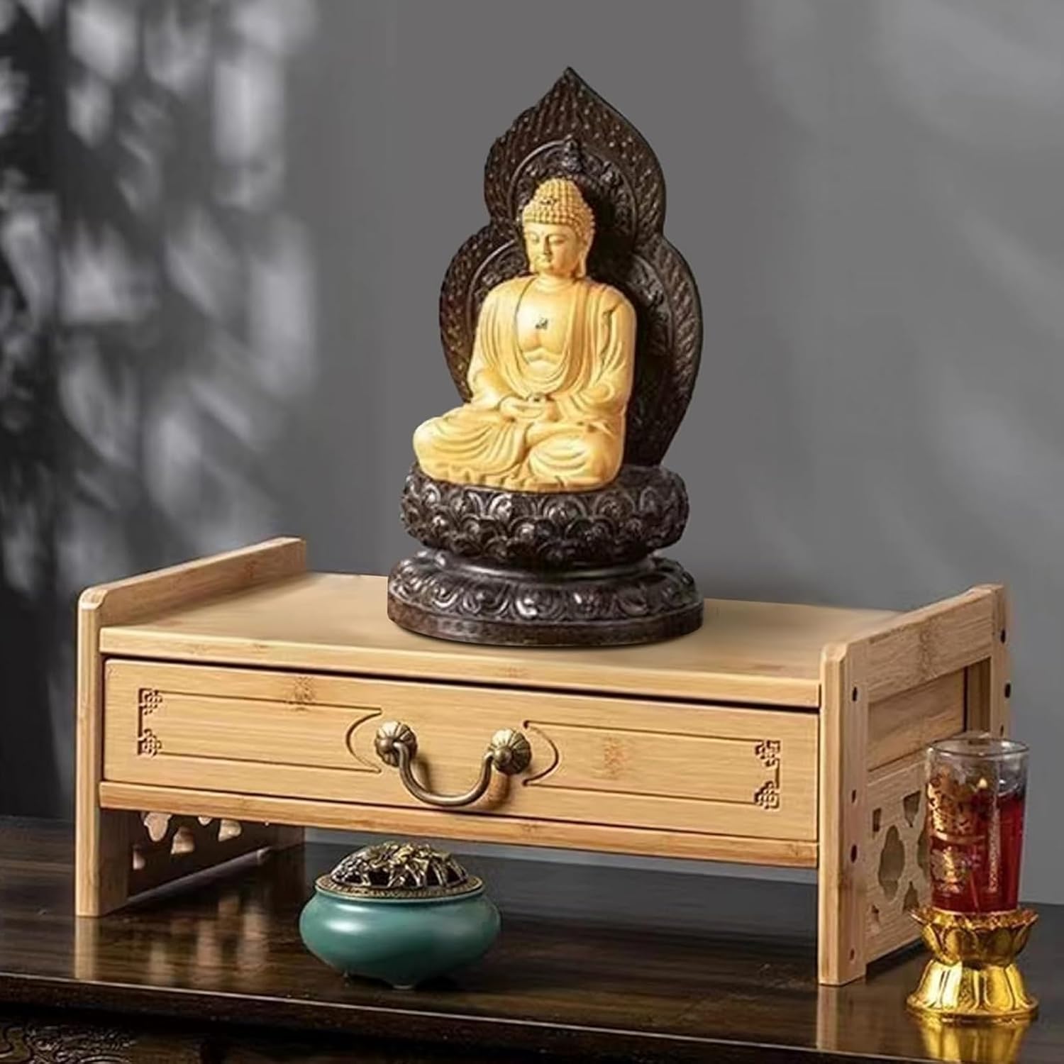 HARELA Meditation Altar Table with Storage, Small Meditation Table, Natural Bamboo Puja Table with Drawer, Buddhist Prayer for Small Spaces(Light Brown,42cm/16.5in)