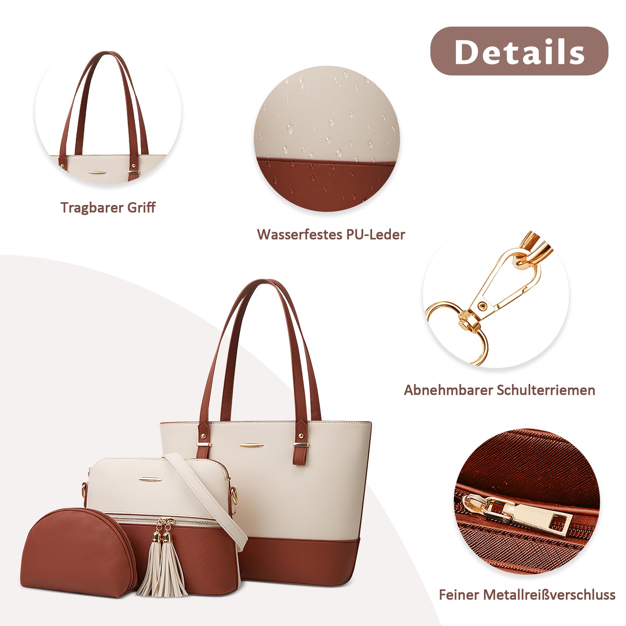 Damen Handtaschen Set 3-teilig, Elegante Shopper Tasche PU Leder mit Umhängetasche und Kosmetiktasche, Große Schultertasche für Arbeit, Freizeit, Shopping und Reise Weiß mit Braun