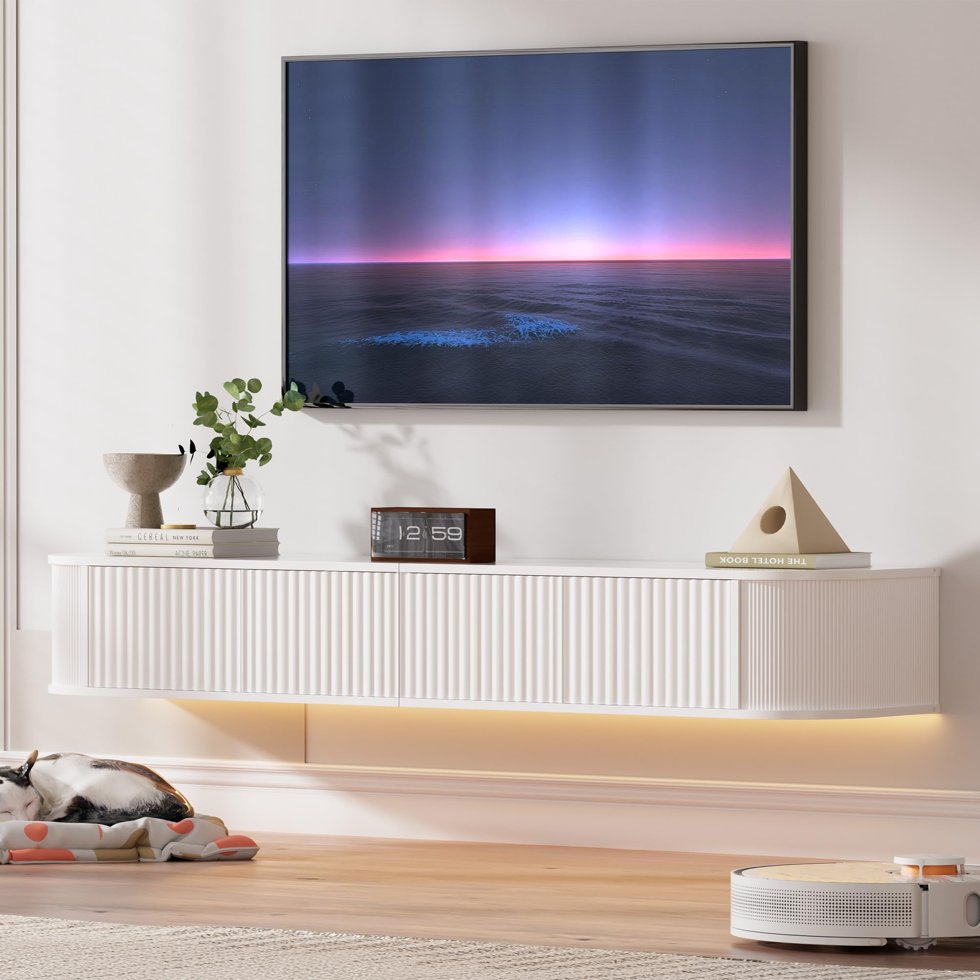 PURFINO Floating TV Stand Unit with RGB LED Light - 140CM Wall Mounted TV Cabinet with Upgraded Storage & Rounded Edges, Modern TV Media Console for 43-55 Inch TVs