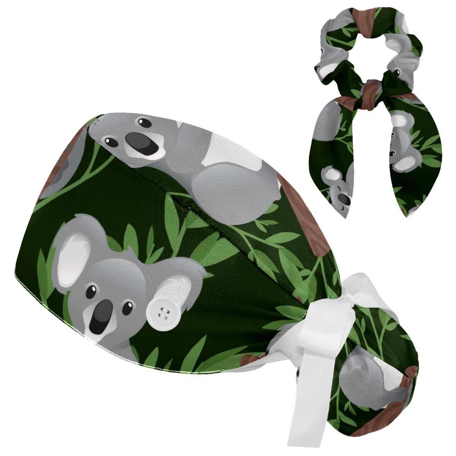 Working Caps with Bow Scrunchies,Koala Leaves Pattern Bouffant Scrub Turban Caps with Button for Women Men,Tie Back Hat One Size