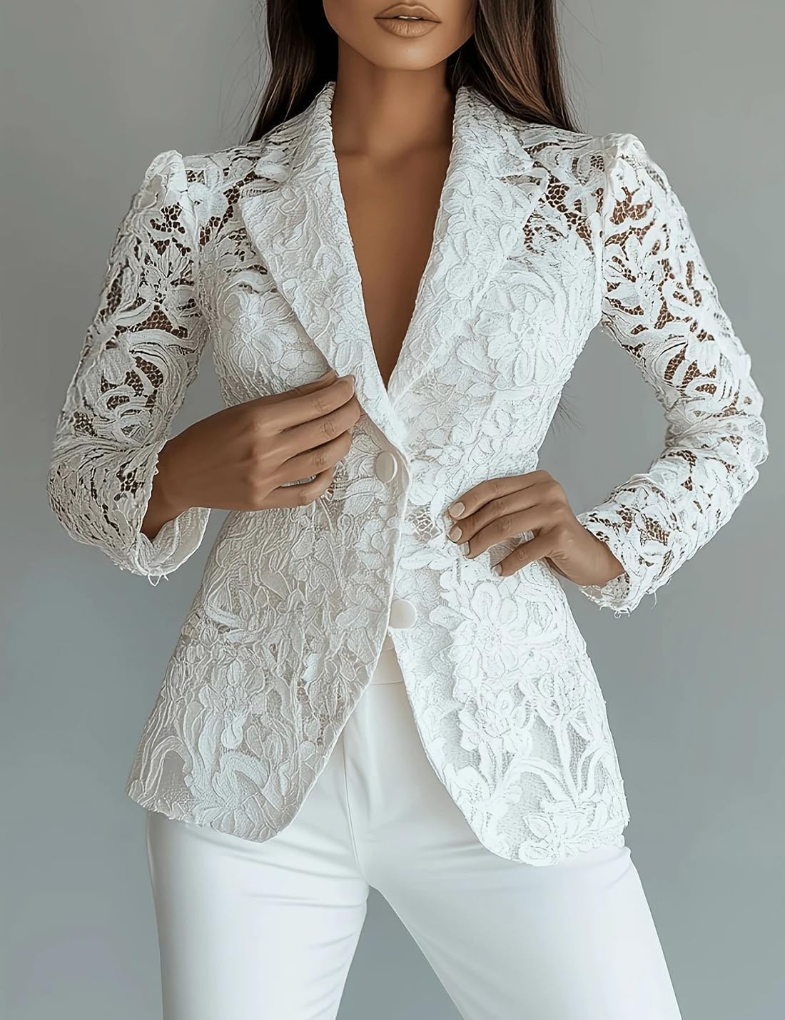 Women's Lace Blazer Jacket Elegant Long Sleeve Sheer Floral Lace Cardigan Button Down Formal Casual Work Office Blazer