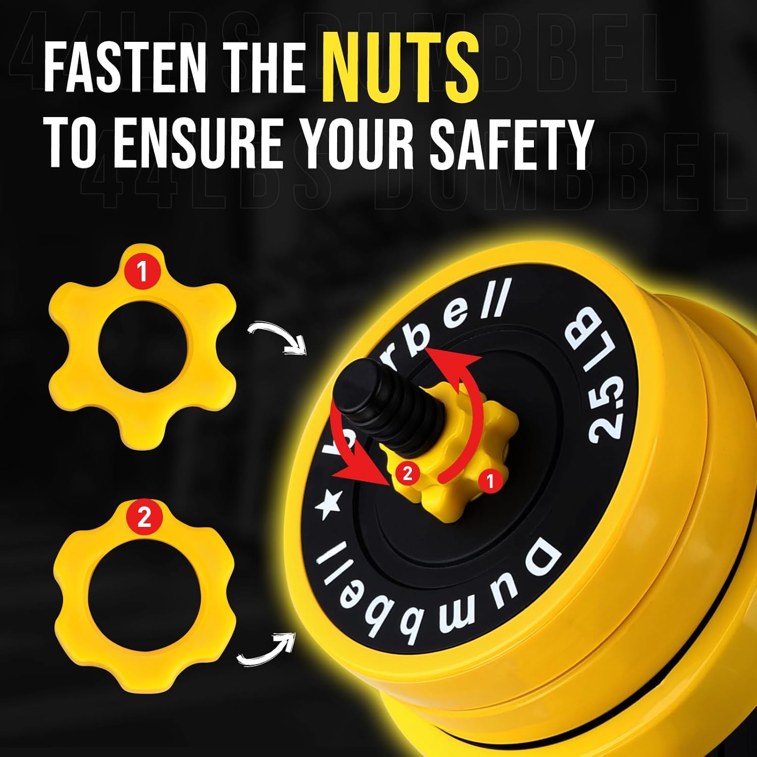 Close-up image demonstrating how to fasten the yellow star-shaped nuts onto the dumbbell bar to secure weight plates.