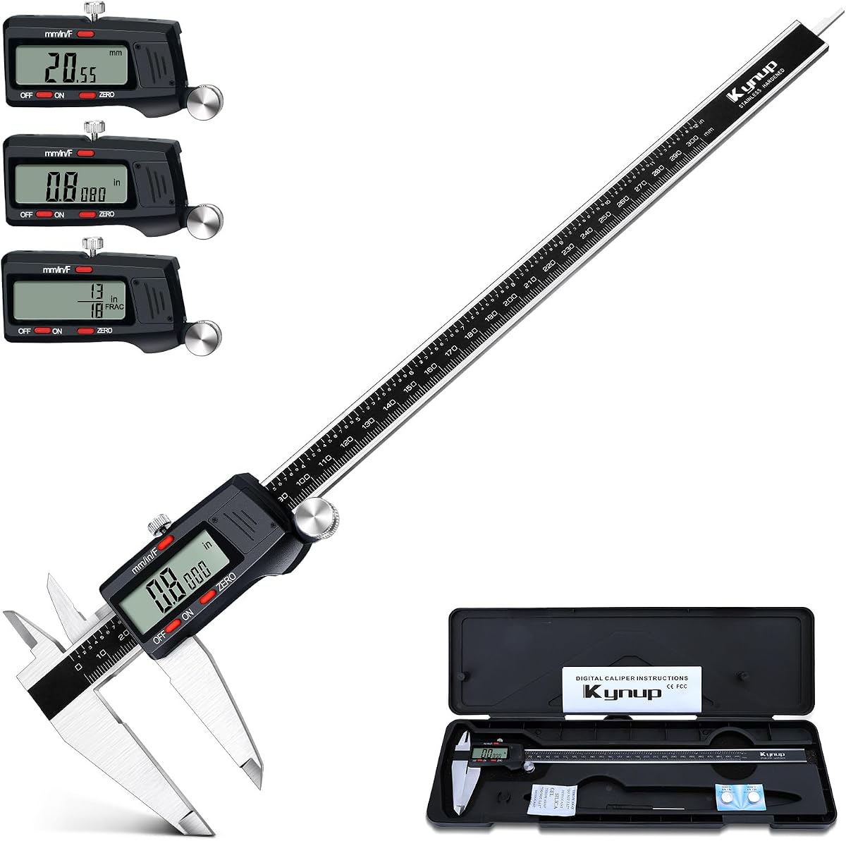 Calibrador Kynup de 12 pulgadas, herramienta de medición de calibrador digital micrométrico | Calibrador Vernier con dial de acero inoxidable, pantalla LCD grande, función de apagado automático, conversión de fracciones métricas en pulgadas