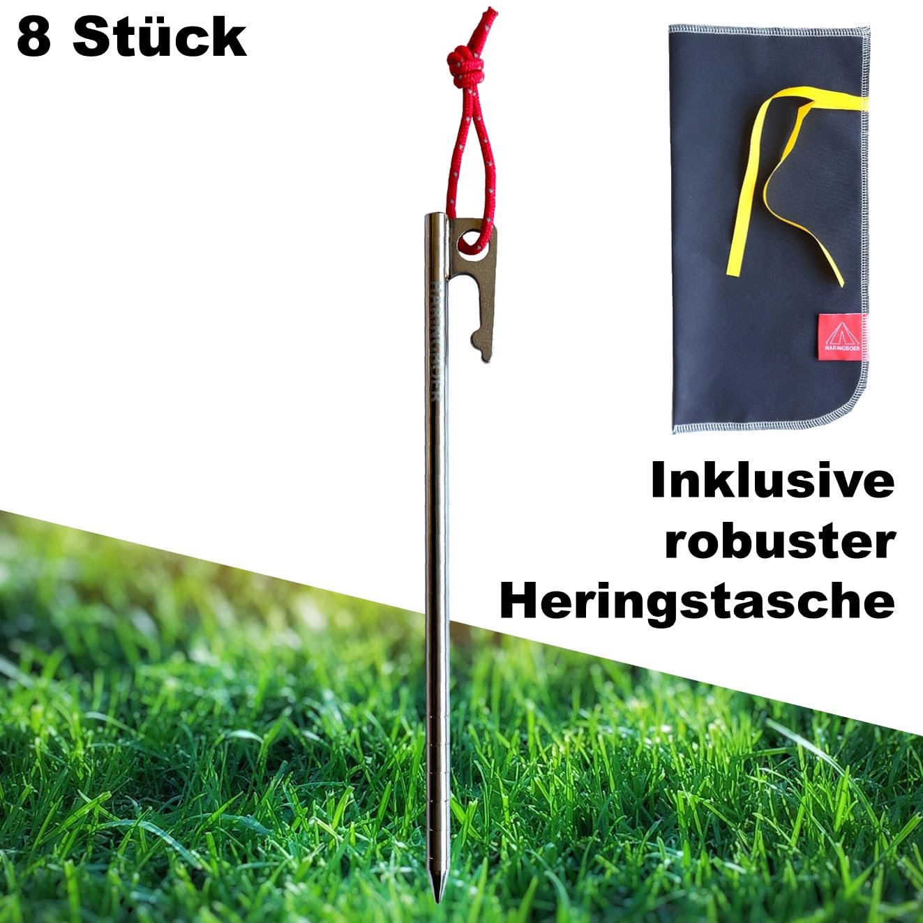 Titan Bodenanker 20cm - 8 Stück Zeltheringe - Starke, leichte Titanium Zelt Heringe - 38 Gramm pro Erdanker für Harte steinige Böden - Erdnagel inklusive Zugband & Heringsbeutel