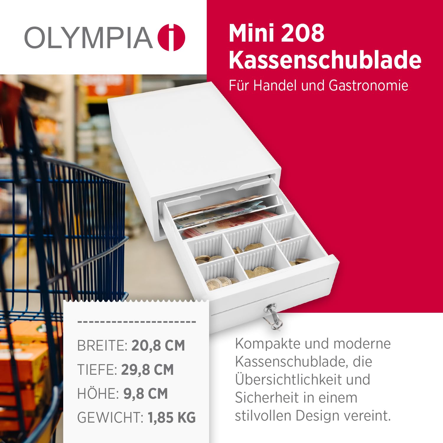 OLYMPIA Mini 208 Cajón de efectivo de metal completo | Base para caja registradora | Cajón con 6 monedas y 3 compartimentos para billetes | Conector RJ12 y cerradura