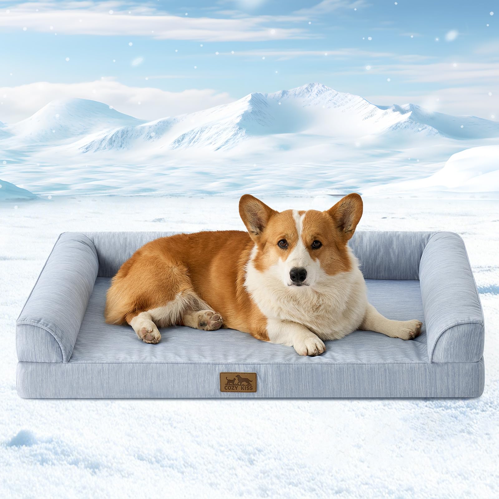 COZY KISS Letto Refrigerante Ortopedico per Cani di Taglia Grande 91x69x16 cm - Divano Ergonomico per Cani con Rivestimento Rimovibile e Lavabile & Schiuma a Nido d'Ape, Impermeabile, Azzurro Chiaro