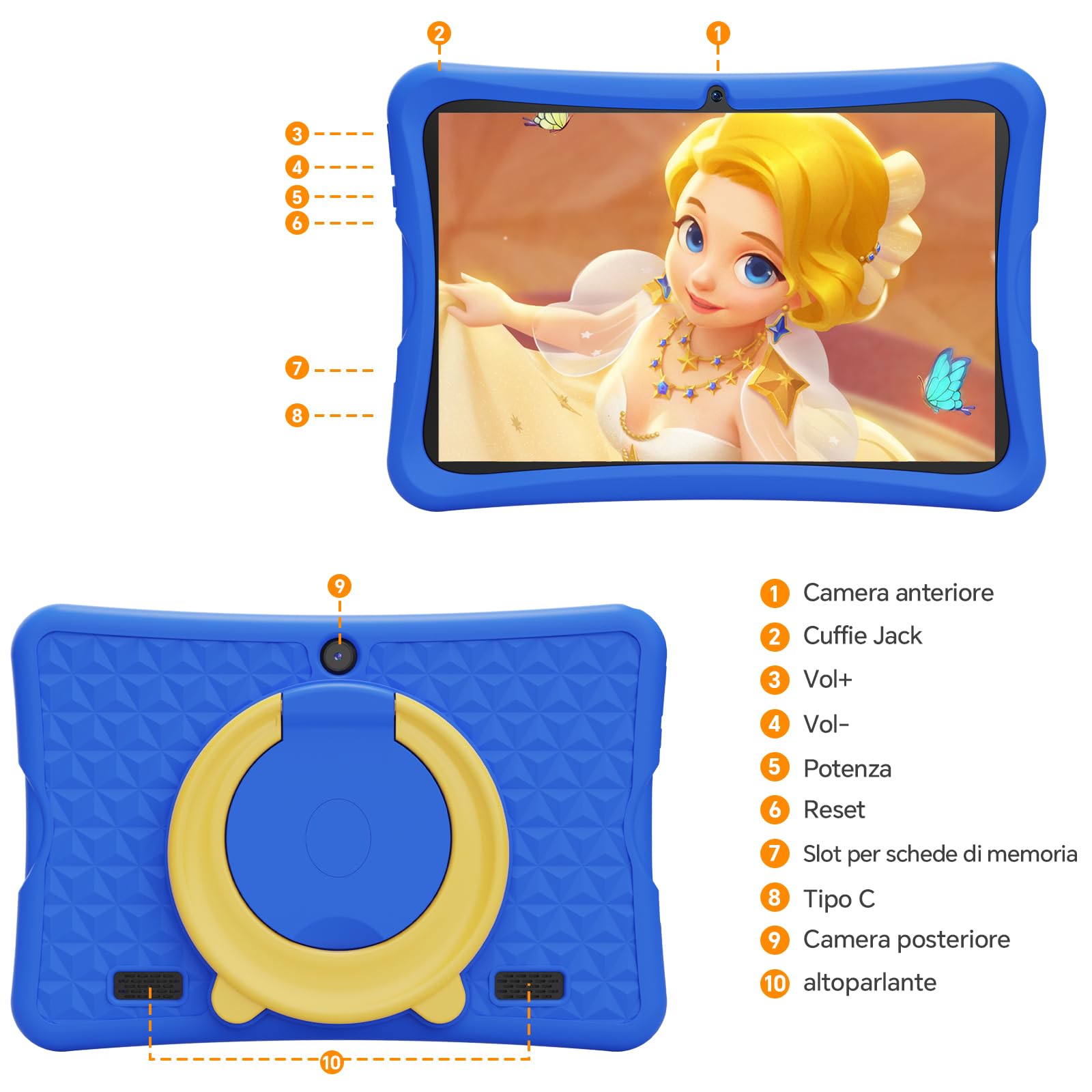 DigiLand Tablet per Bambini 10,1 Pollici, Android 15 con Custodia Protettiva, 6GB+32GB, Schermo IPS 1280*800, Doppia Fotocamera 2MP+5MP, 6000mAh, Tablet Didattico con Controllo Parentale & iWawa(Blu)