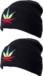 Pack of 2X Embroidery Weed Design Marijuana Leafs Foldable Knit Beanie -One Size