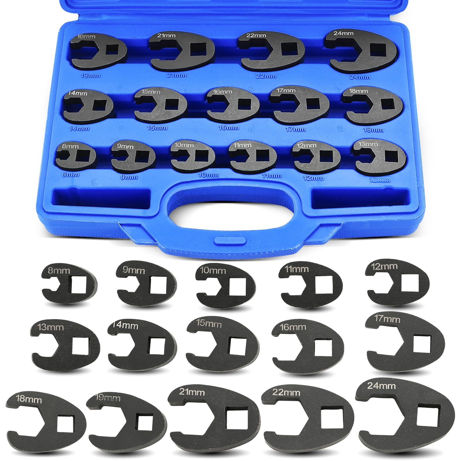 NYXOVA 15pc Crowfoot Wrench Set 1/2” & 3/8” Drive Tool, Metric Crows Foot Wrench Kit 8mm-24mm