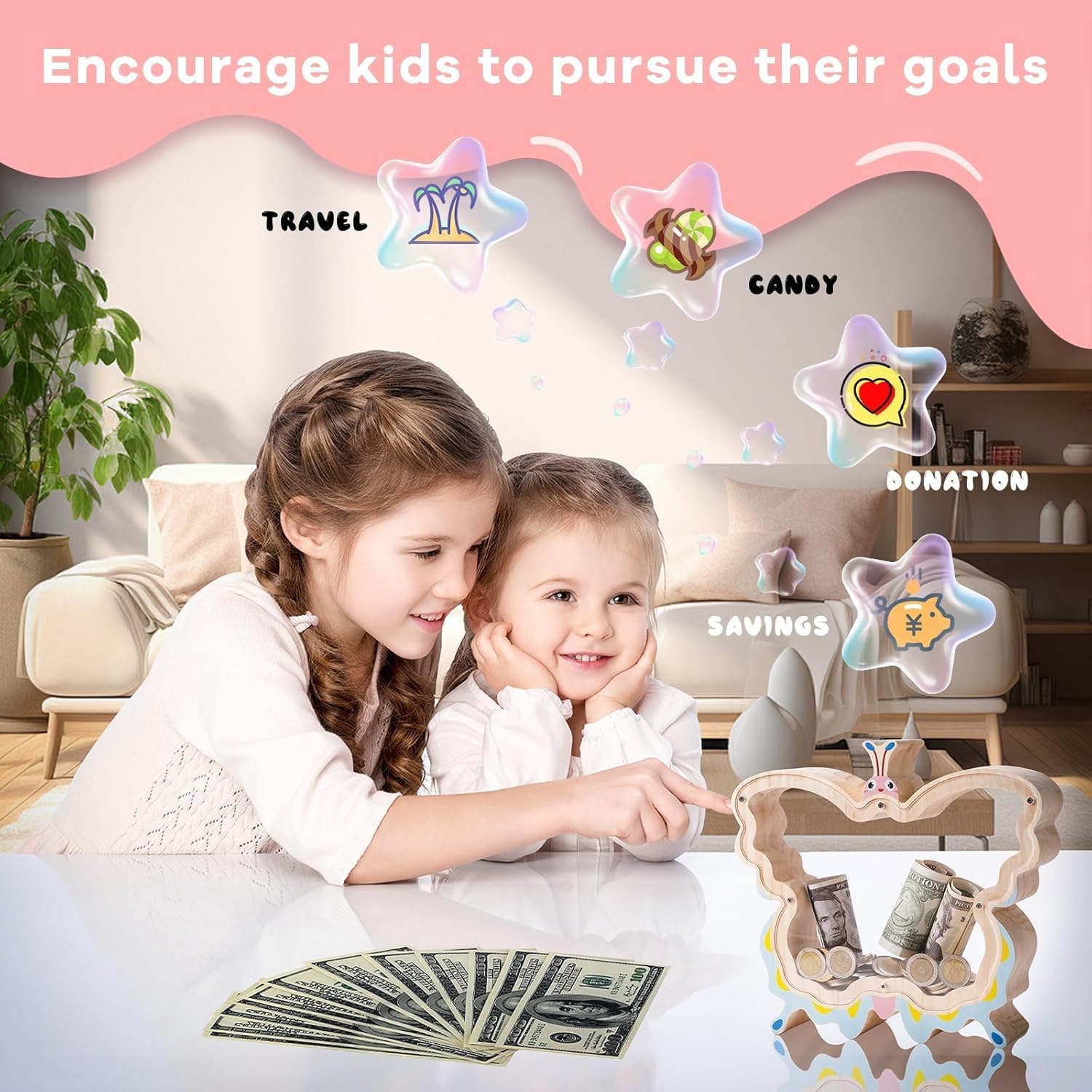 Wooden Butterfly Piggy Bank for Kids, Butterfly Money Bank for Girls, Unbreakable Toddler Piggy Banks for Girls, DIY Kids Coin Bank with Stickers, Birthday Gifts, Educational Toy, Home Decor