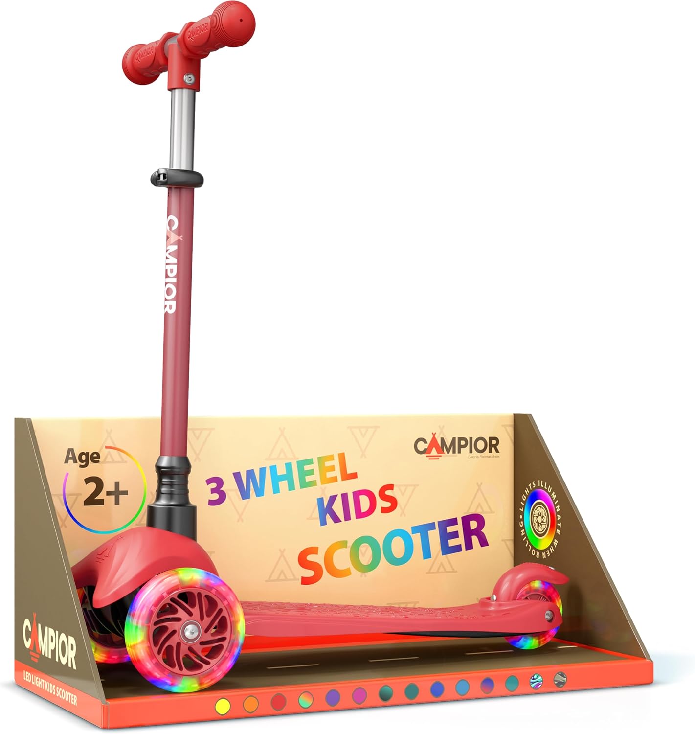 Red Mini 3 Wheel Scooter for Kids – Lean-to-Steer with LED Light-Up Wheels, Adjustable Handlebar, Wide Anti-Slip Deck, Smooth PU Wheels, Rear Foot Brake – Toddler Scooter for Ages 2+ product image