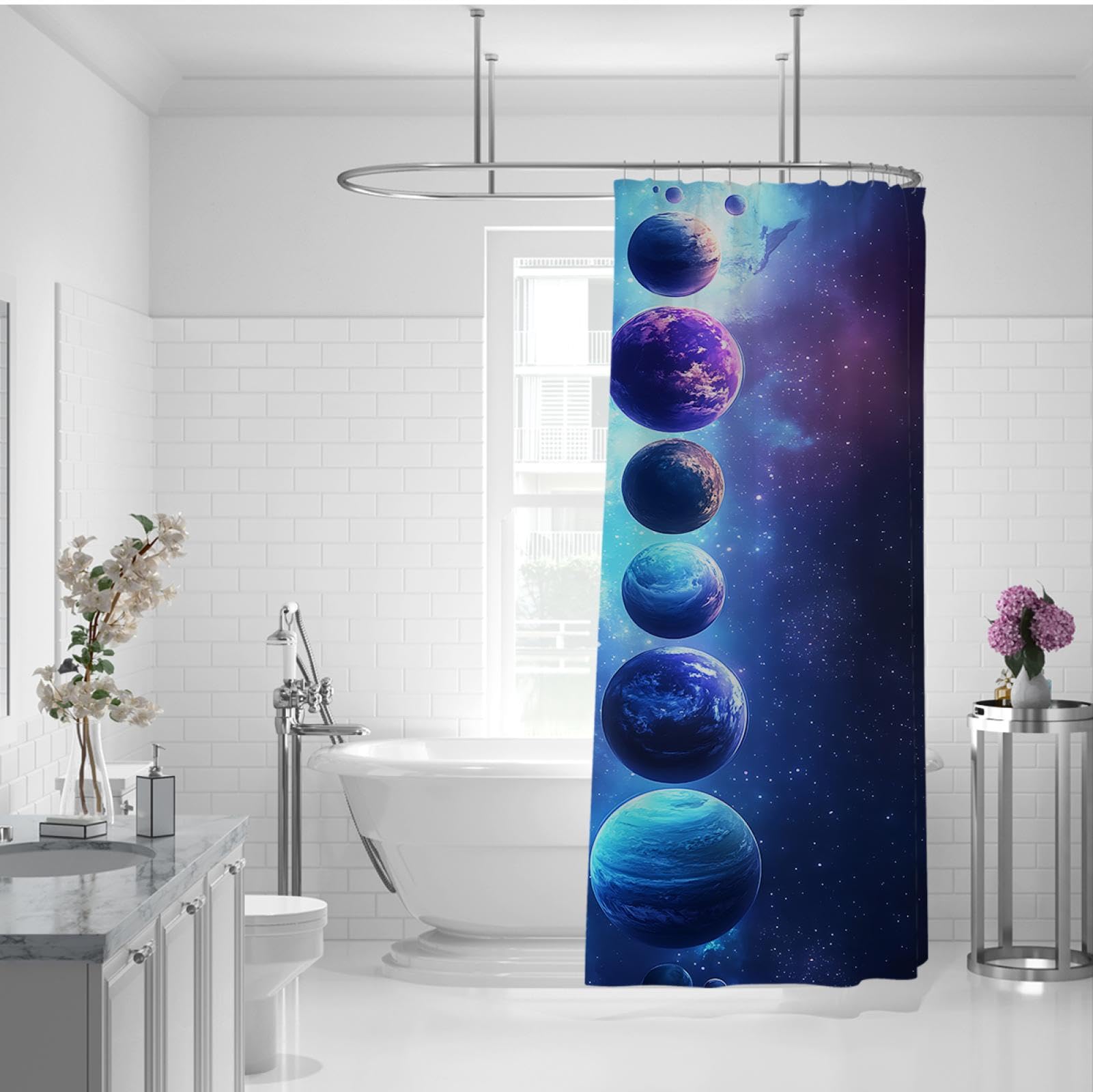 Cortina de ducha con tema espacial Cortinas de ducha con patrón de planeta creativo Cortina de ducha de tela impermeable para bañera de baño con ganchos 200Bx220Lcm