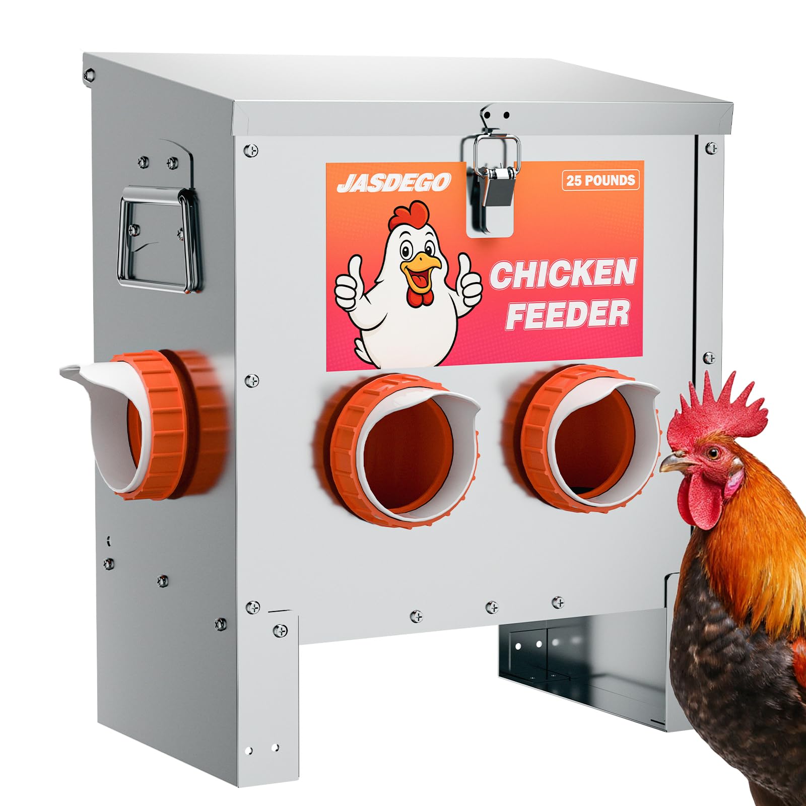Comedero de metal para pollos, sin residuos, 25 libras, 4 puertos, alimentador automático de aves de corral con pestillo y mango para pollos, bantamas, faisanes, aves de corral, gallinero, a