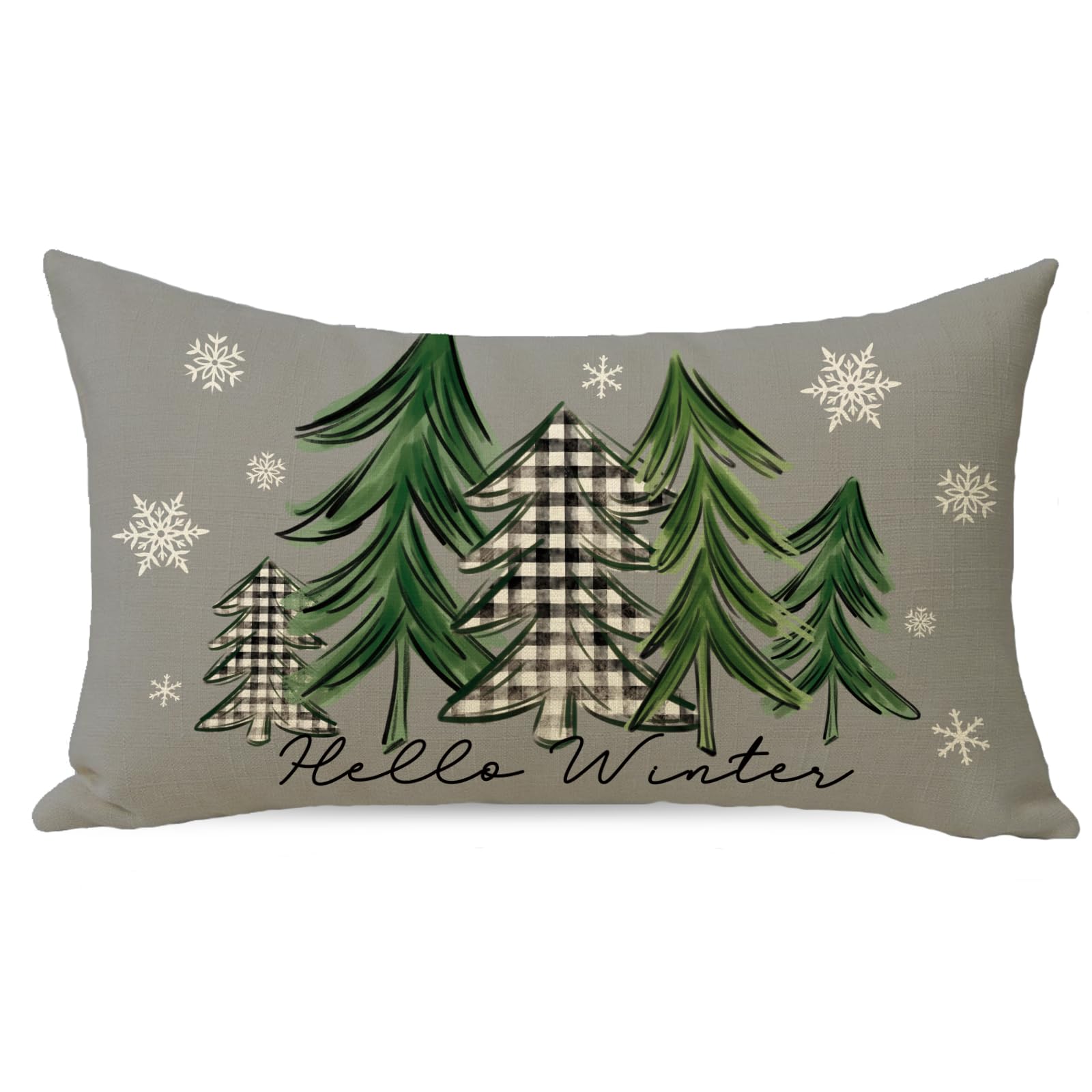 Hello Winter Pine Tree Lumbar Decorative Throw Pillow Cover 12x20, Buffalo Plaid Check Snowflake Farmhouse Rectangle Cushion Case Decor, Gray Christmas Holiday Seasonal Home Decoration for Couch