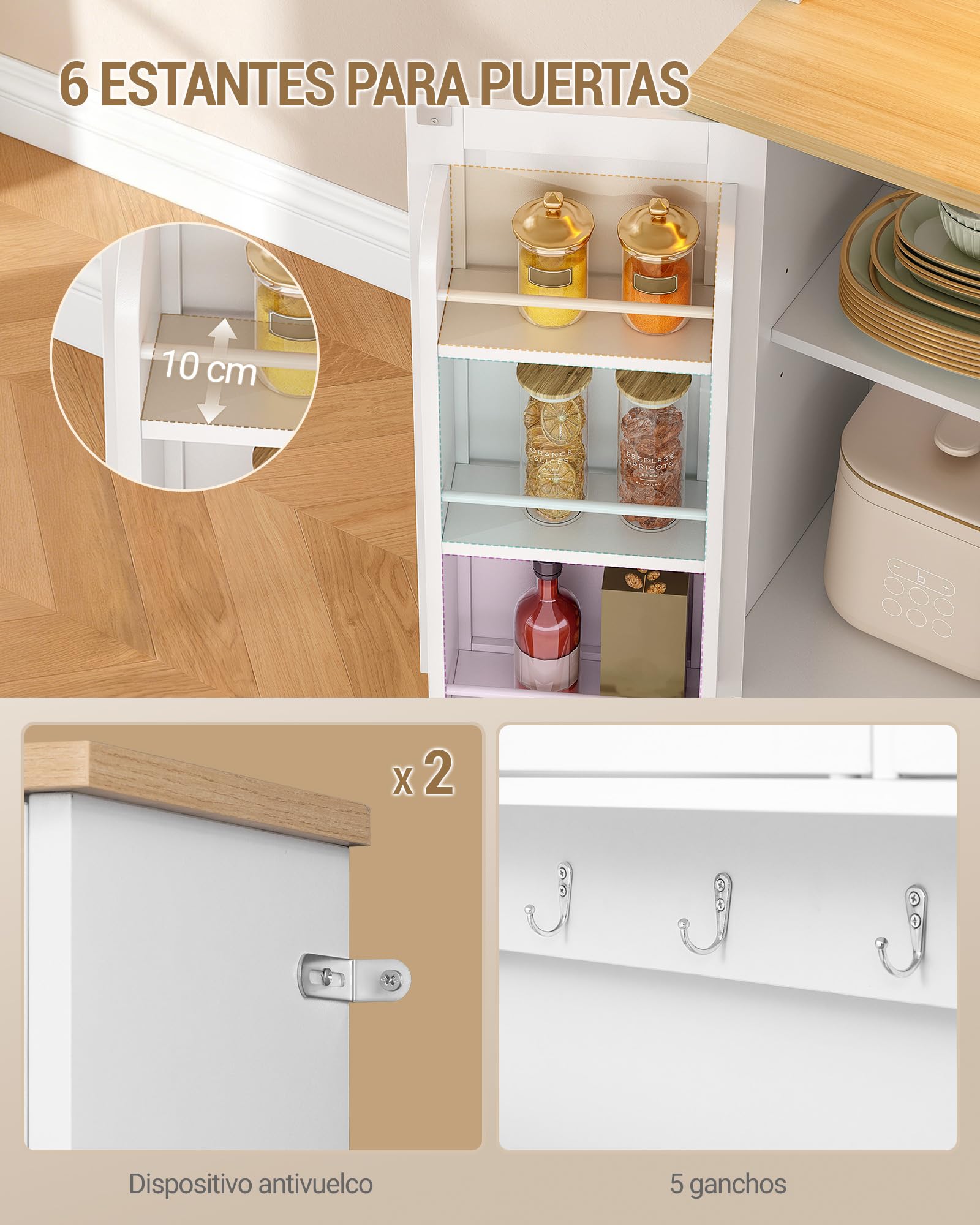 Hzuaneri Armario Cocina Alto, con Toma y Tira LED, 40 x 100 x 180 cm | Estante 6 Niveles Tras Puerta, 5 Puertas y 3 Cajones, Para Cocina o Salón, Blanco-Roble PT10303XEU
