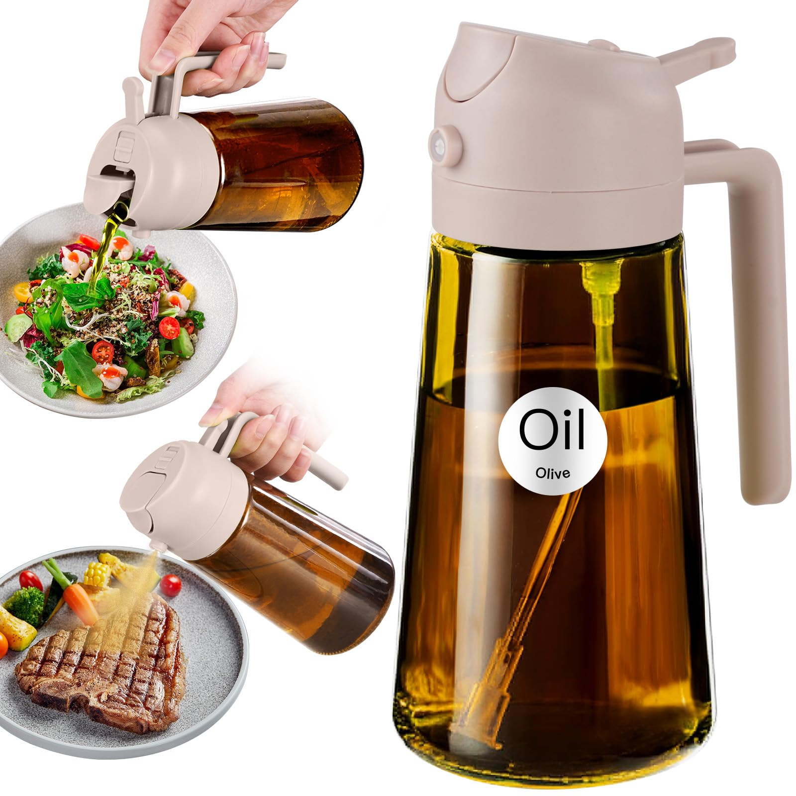 YARRAMATE 16oz/470ml Light Blocking Oil Sprayer for Cooking with Stickers, Food-Grade 2 in 1 Olive Oil Dispenser Bottle for Kitchen,Dark Amber Glass Oil Bottle for Air Fryer, BBQ (LotusRootPink)