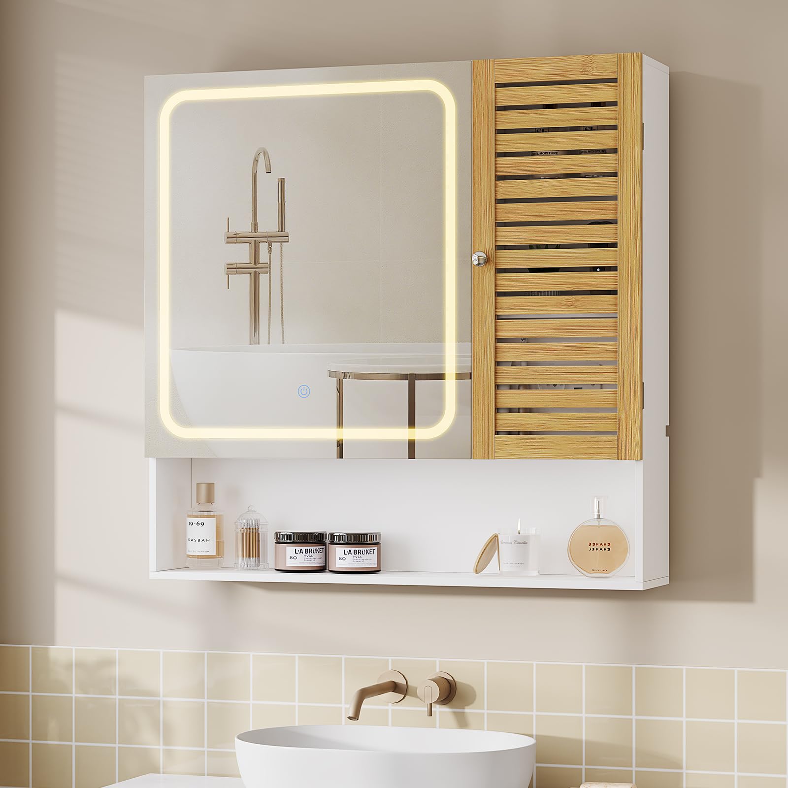 Spiegelschrank Bad mit LED-Beleuchtung & Steckdose 80cm Breit, Badezimmerschrank mit HD-Spiegel, Verstellbarer Ablage, Berührung Sensorschalter, Badschrank, für Badezimmer, 80×16×77cm, Weiß