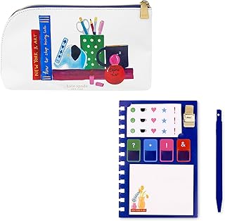 Zipper Pouch Filled with Planner Stickers and Accessories, Set Includes Notepad, Sticker Tabs, Black Ink Pen and Holder, Vegan Leather Accessory Bag, Charmed Library